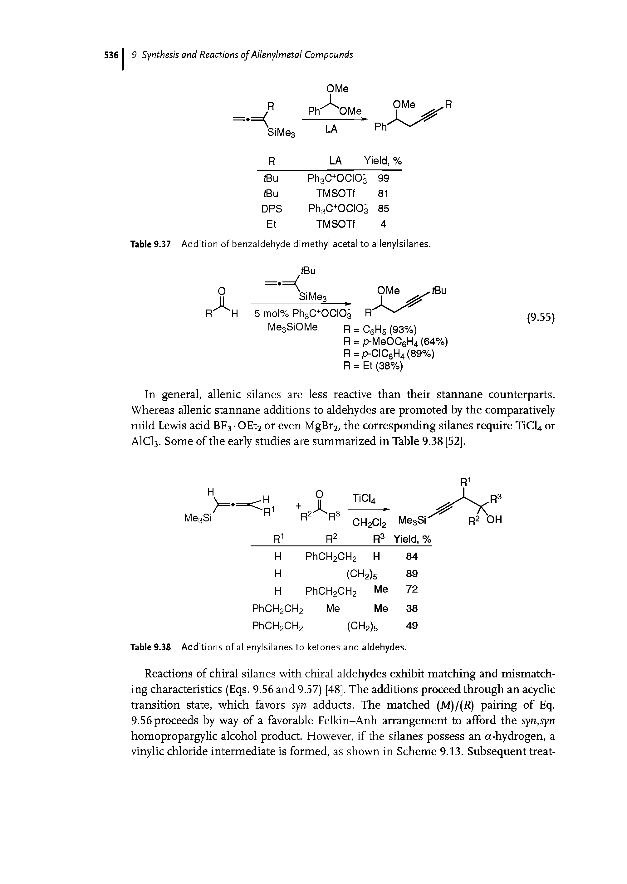 Table 9.37 Addition of benzaldehyde dimethyl acetal to allenylsilanes.