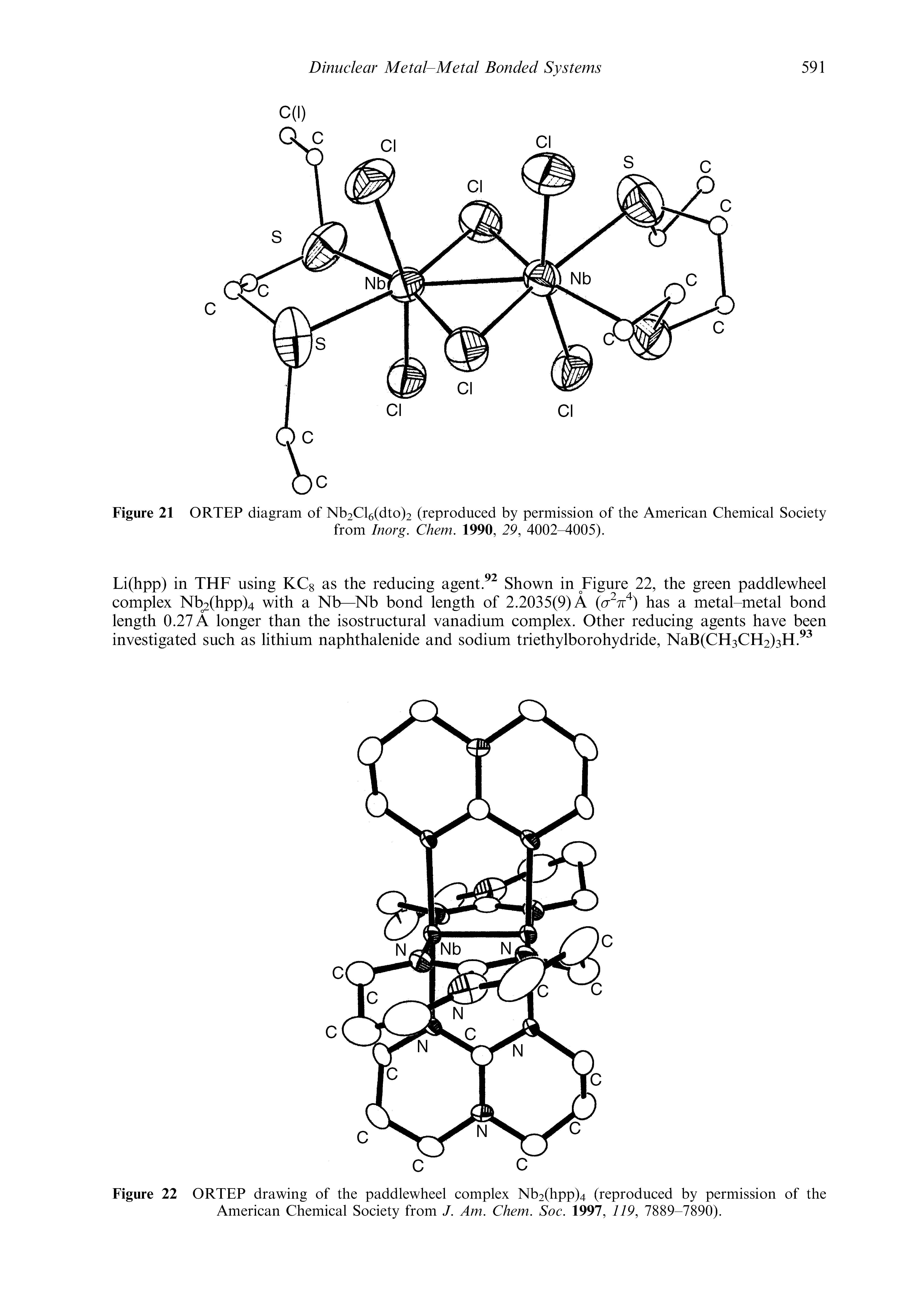 Figure 22 ORTEP drawing of the paddlewheel complex Nb2(hpp)4 (reproduced by permission of the American Chemical Society from J. Am. Chem. Soc. 1997, 119, 7889-7890).
