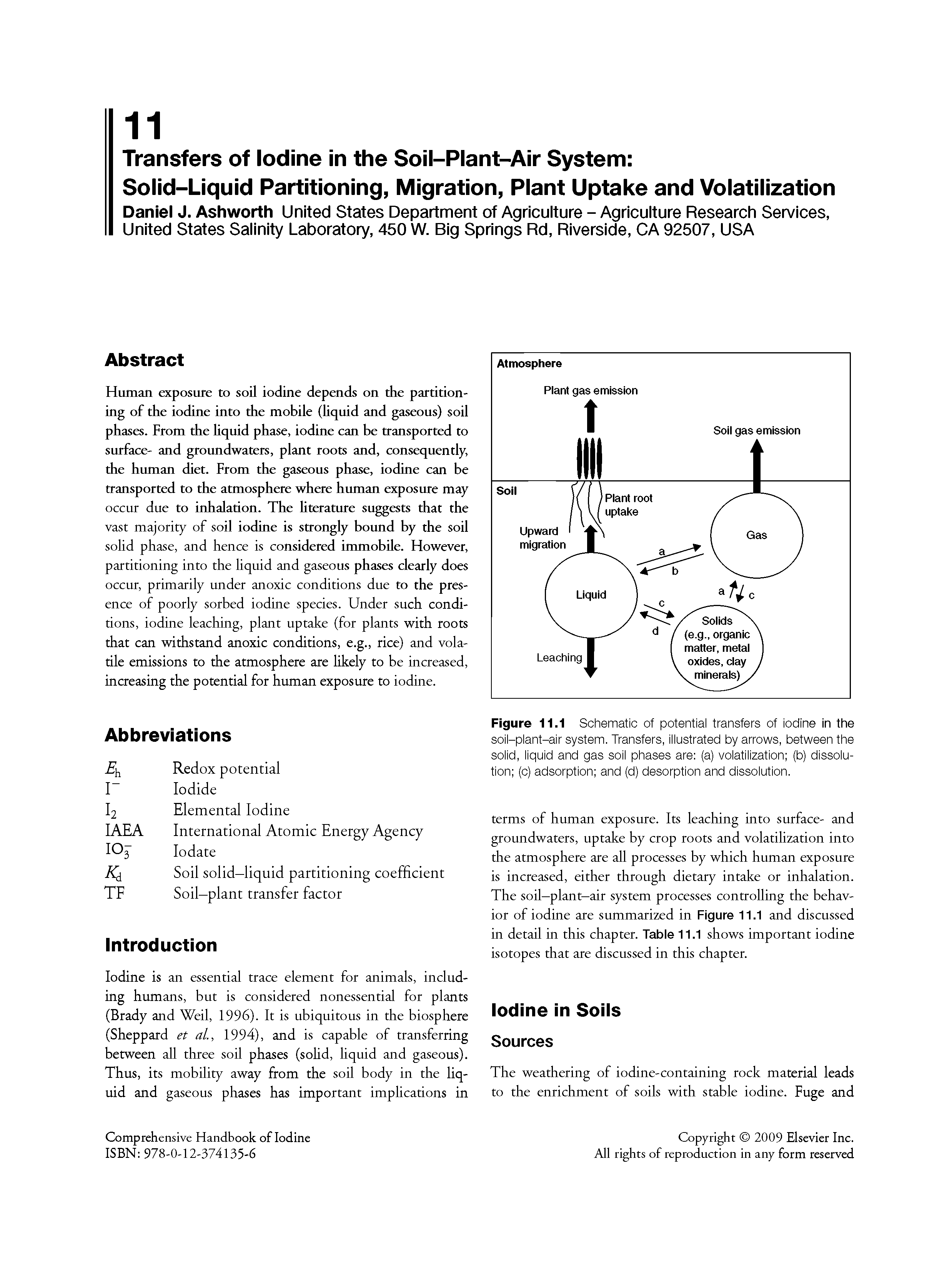 Figure 11.1 Schematic of potential transfers of iodine in the soil-plant-air system. Transfers, illustrated by arrows, between the solid, liquid and gas soil phases are (a) volatilization (b) dissolution (c) adsorption and (d) desorption and dissolution.