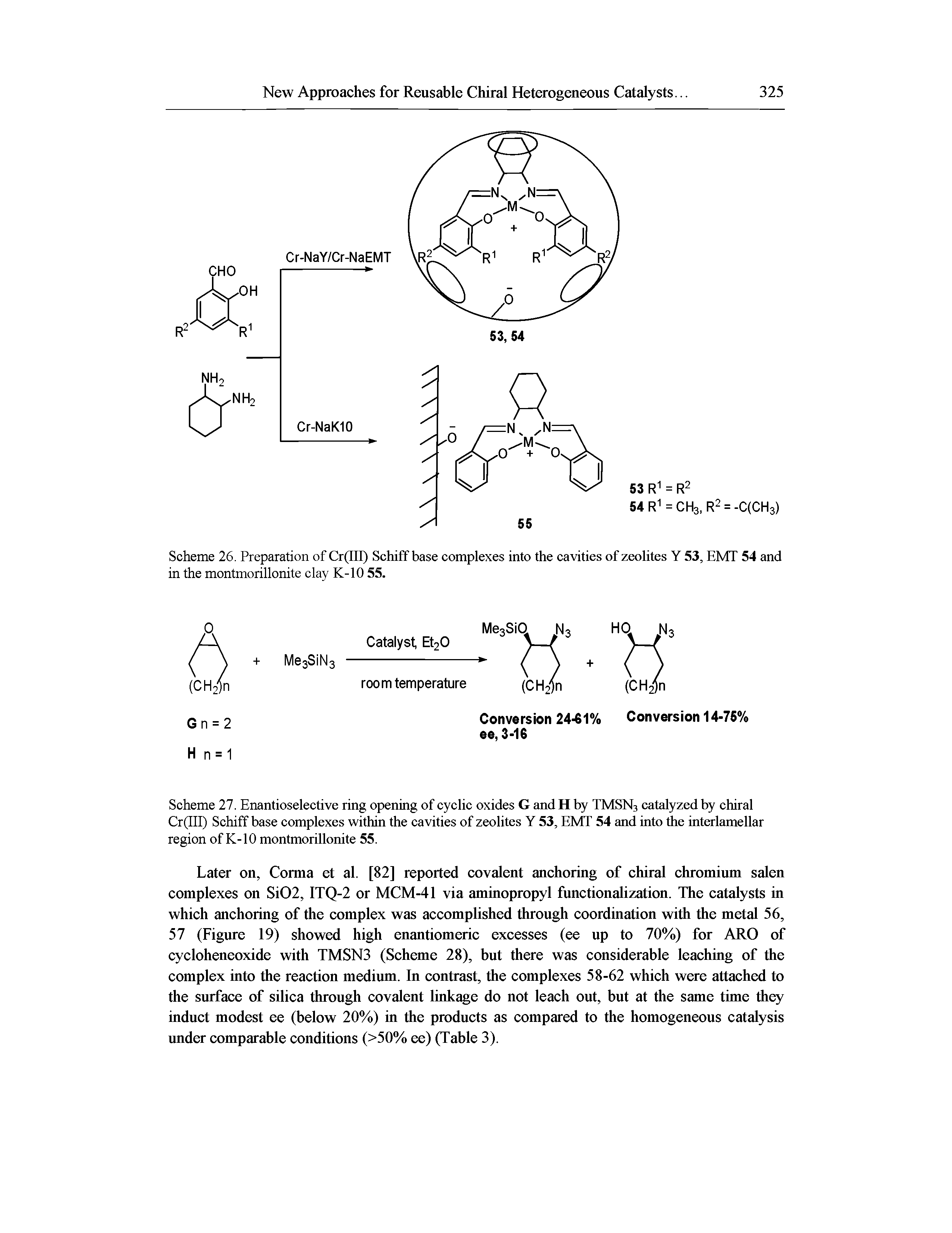 Scheme 27. Enantioselective ring opening of cyclic oxides G and H by TMSN3 catalyzed by chiral Cr(III) Schiff base complexes within the cavities of zeolites Y 53, EMT 54 and into the interlamellar region of K-10 montmorillonite 55.