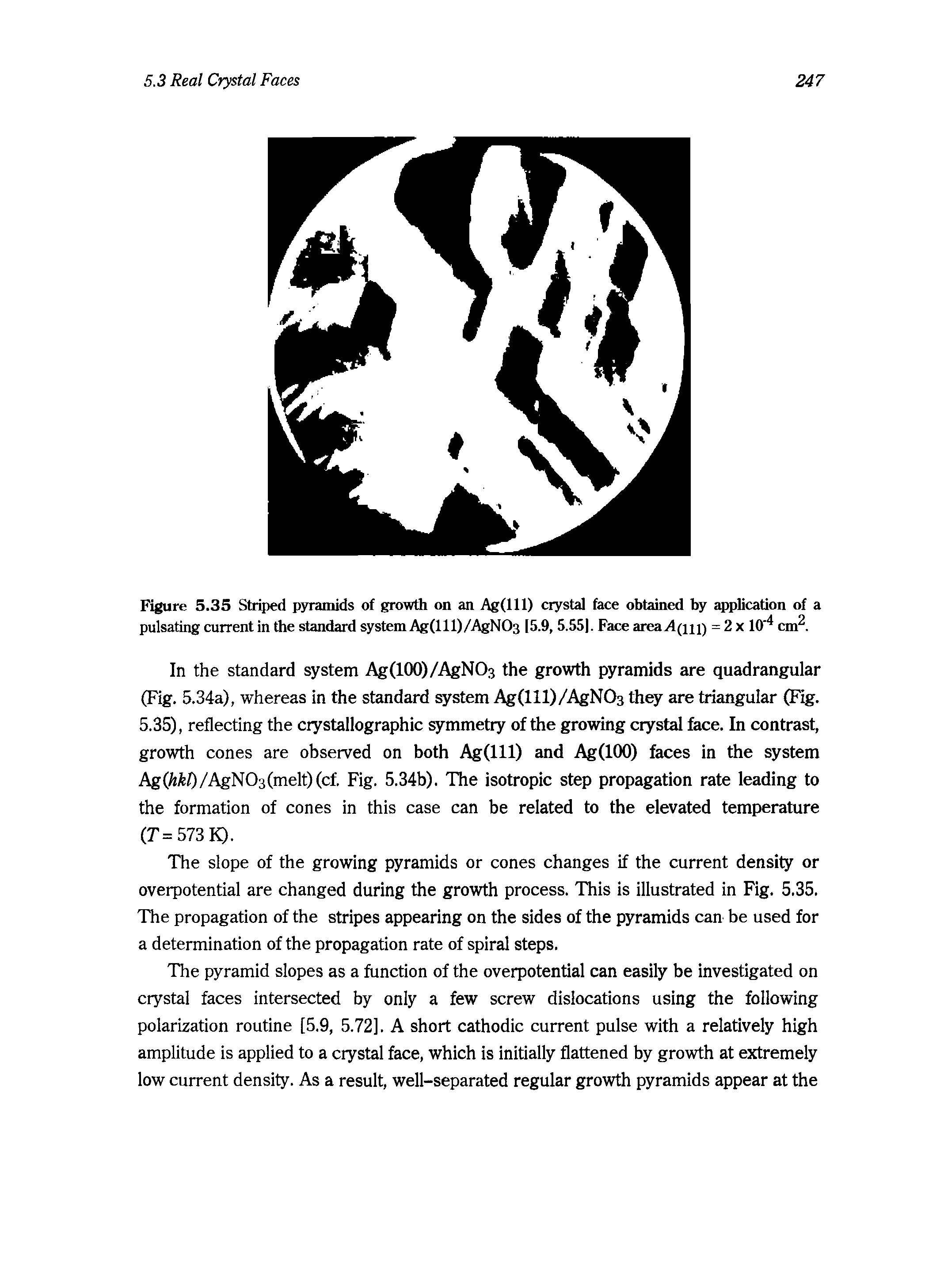 Figure 5.35 Striped pyramids of growth on an Ag(lll) crystal face obtained by appUcation of a pulsating current in the standard system Ag(l 11)/AgNOs 5.9, 5.55. Face areaA(iu) = 2 x 10 cm. ...