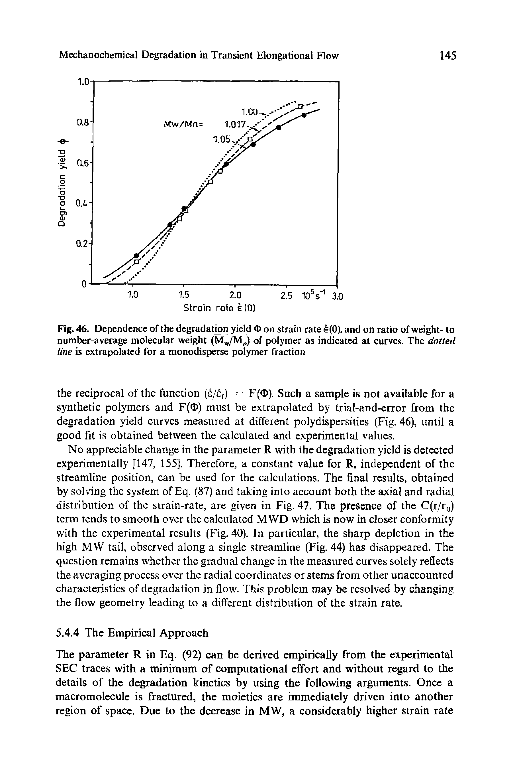 Fig. 46. Dependence of the degradation yield on strain rate e(0), and on ratio of weight- to number-average molecular weight (Mw/M ) of polymer as indicated at curves. The dotted line is extrapolated for a monodisperse polymer fraction...