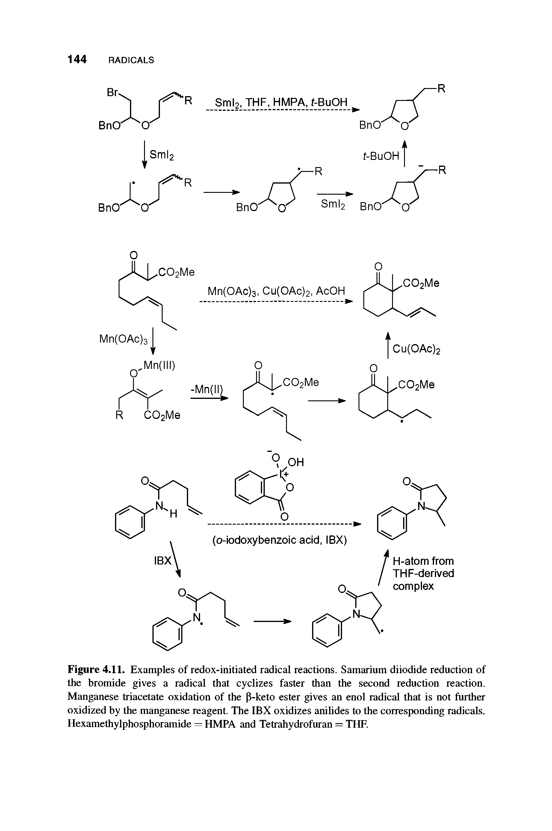 Figure 4.11. Examples of redox-initiated radical reactions. Samarium diiodide reduction of the bromide gives a radical that cyclizes faster than the second reduction reaction. Manganese triacetate oxidation of the P-keto ester gives an enol radical that is not further oxidized by the manganese reagent. The IBX oxidizes anilides to the corresponding radicals. Hexamethylphosphoramide = HMPA and Tetrahydrofuran = THE.