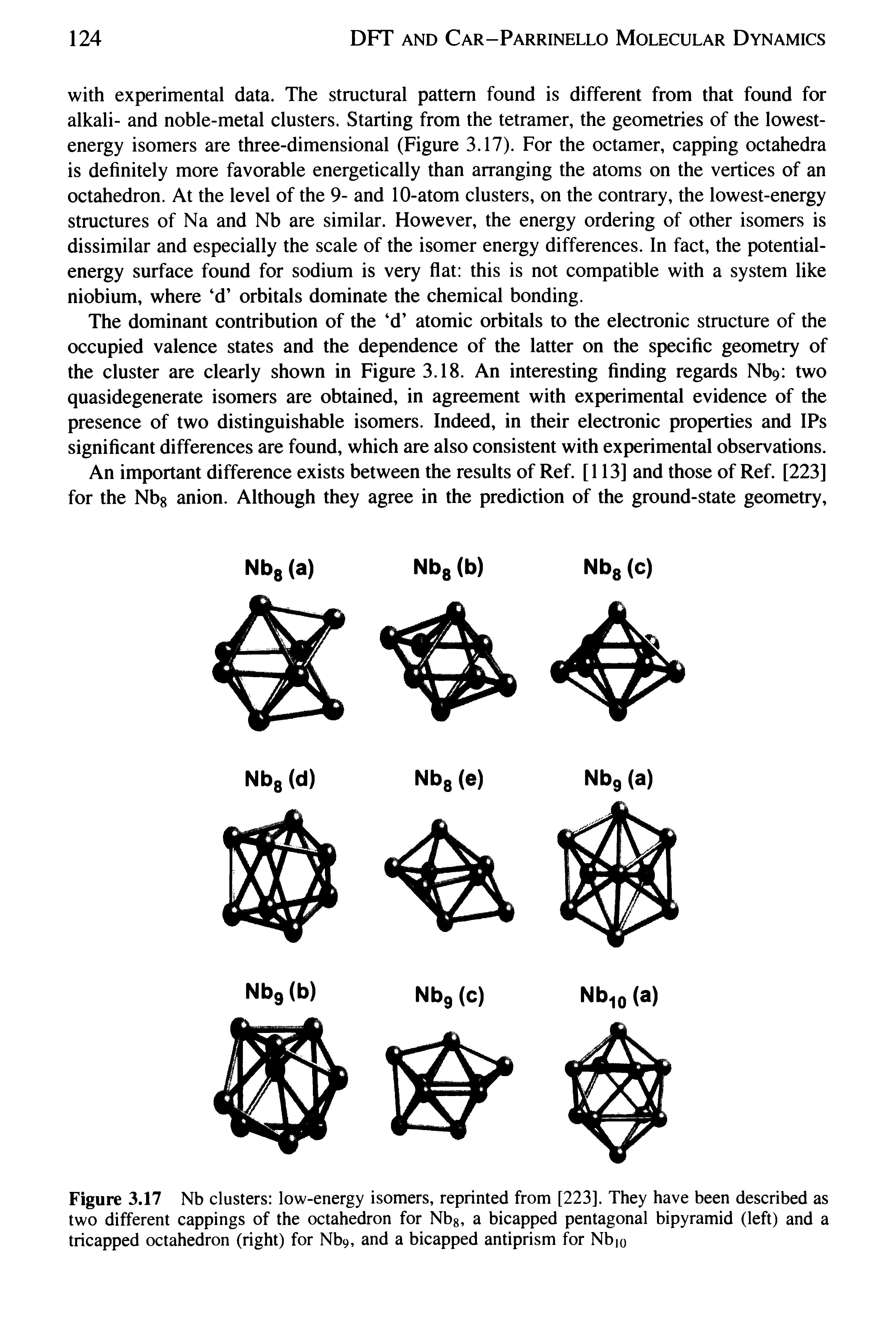 Figure 3.17 Nb clusters low-energy isomers, reprinted from [223]. They have been described as two different cappings of the octahedron for Nbg, a bicapped pentagonal bipyramid (left) and a tricapped octahedron (right) for Nb9, and a bicapped antiprism for Nbio...