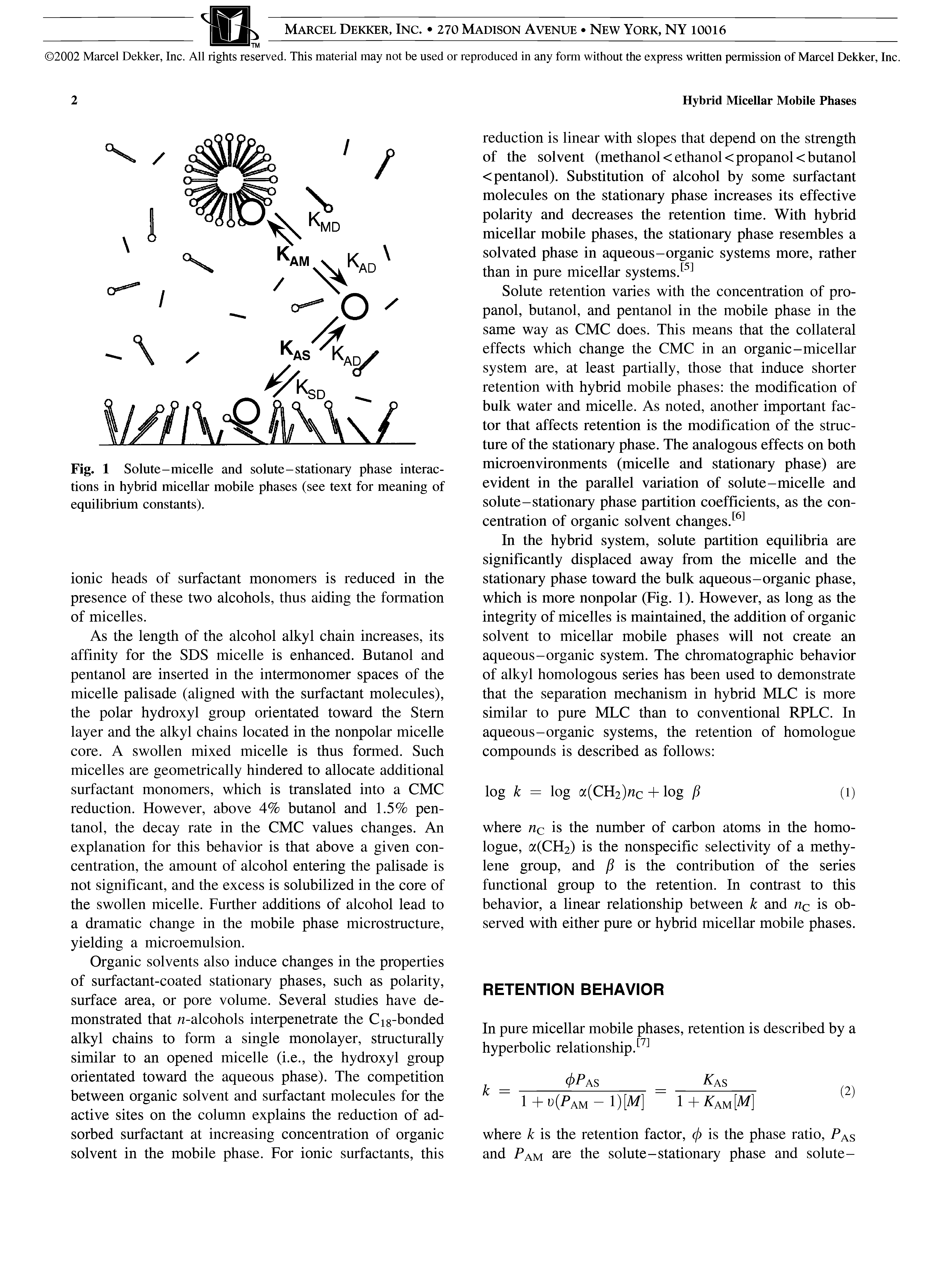 Fig. 1 Solute-micelle and solute-stationary phase interactions in hybrid micellar mobile phases (see text for meaning of equilibrium constants).