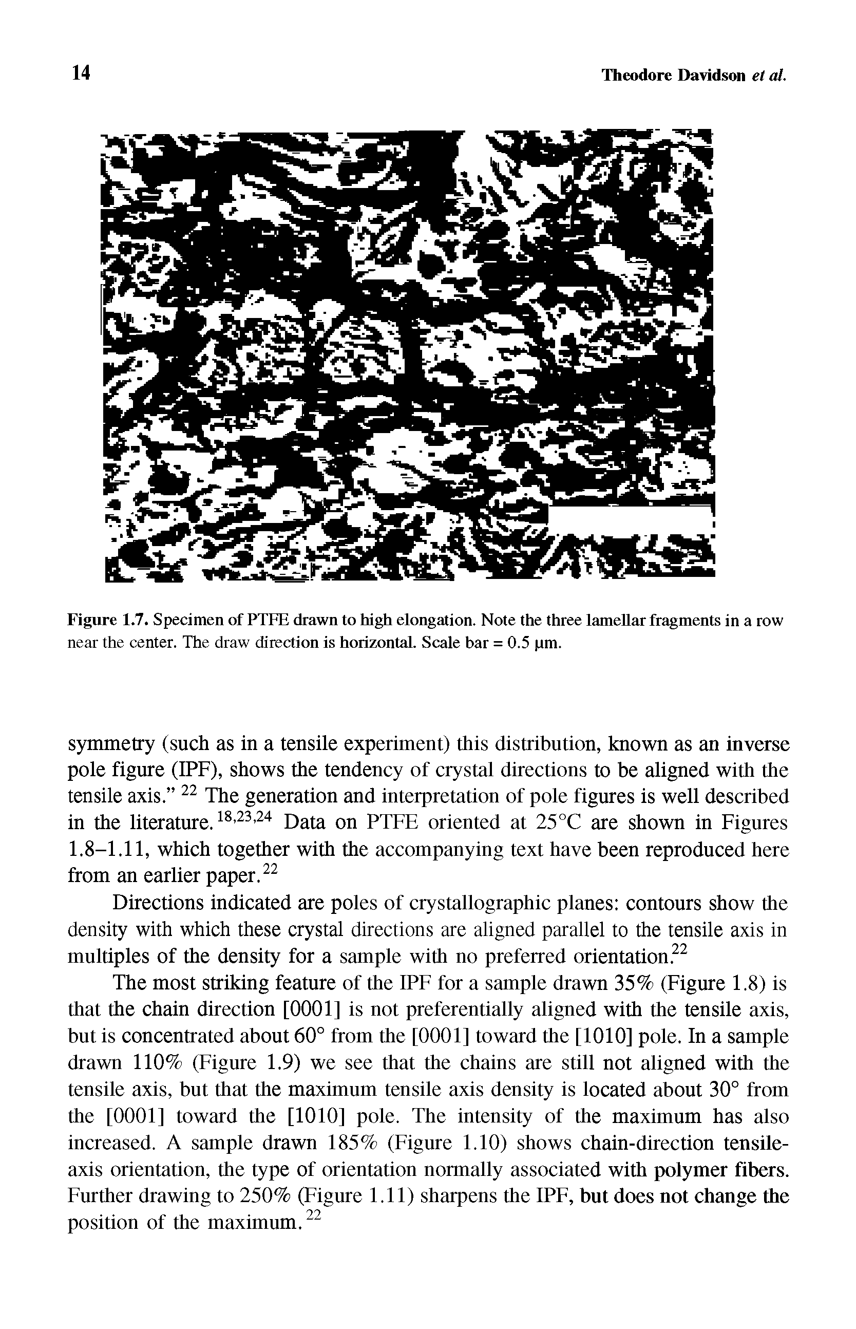 Figure 1.7. Specimen of PTFE drawn to high elongation. Note the three lamellar fragments in a row near the center. The draw direction is horizontal. Scale har = 0.5 pm.