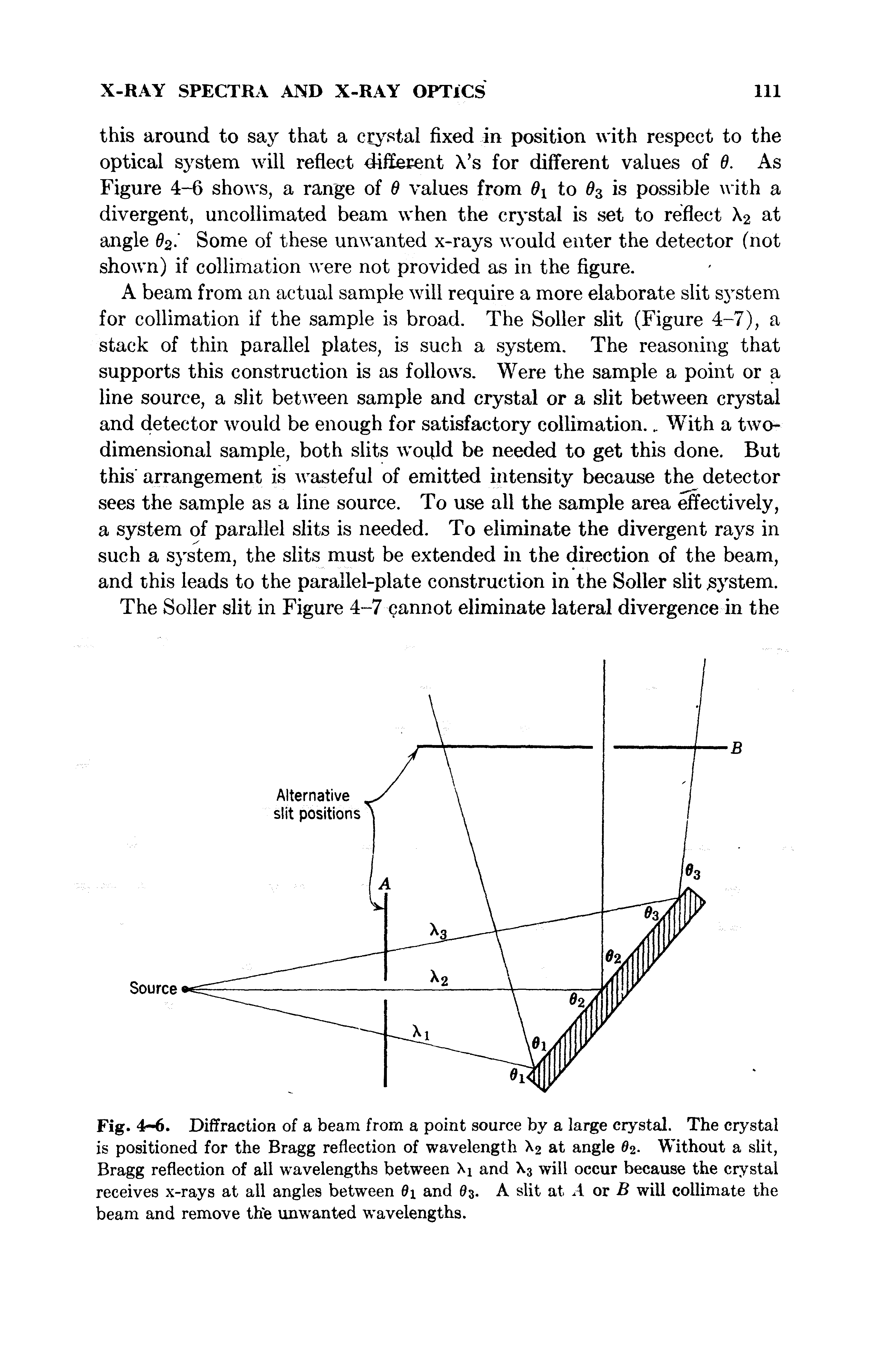 Fig. 4-6. Diffraction of a beam from a point source by a large crystal. The crystal is positioned for the Bragg reflection of wavelength X2 at angle 02 Without a slit, Bragg reflection of all wavelengths between Xi and X3 will occur because the crystal receives x-rays at all angles between 0i and 03. A slit at A or B will collimate the beam and remove the unwanted wavelengths.