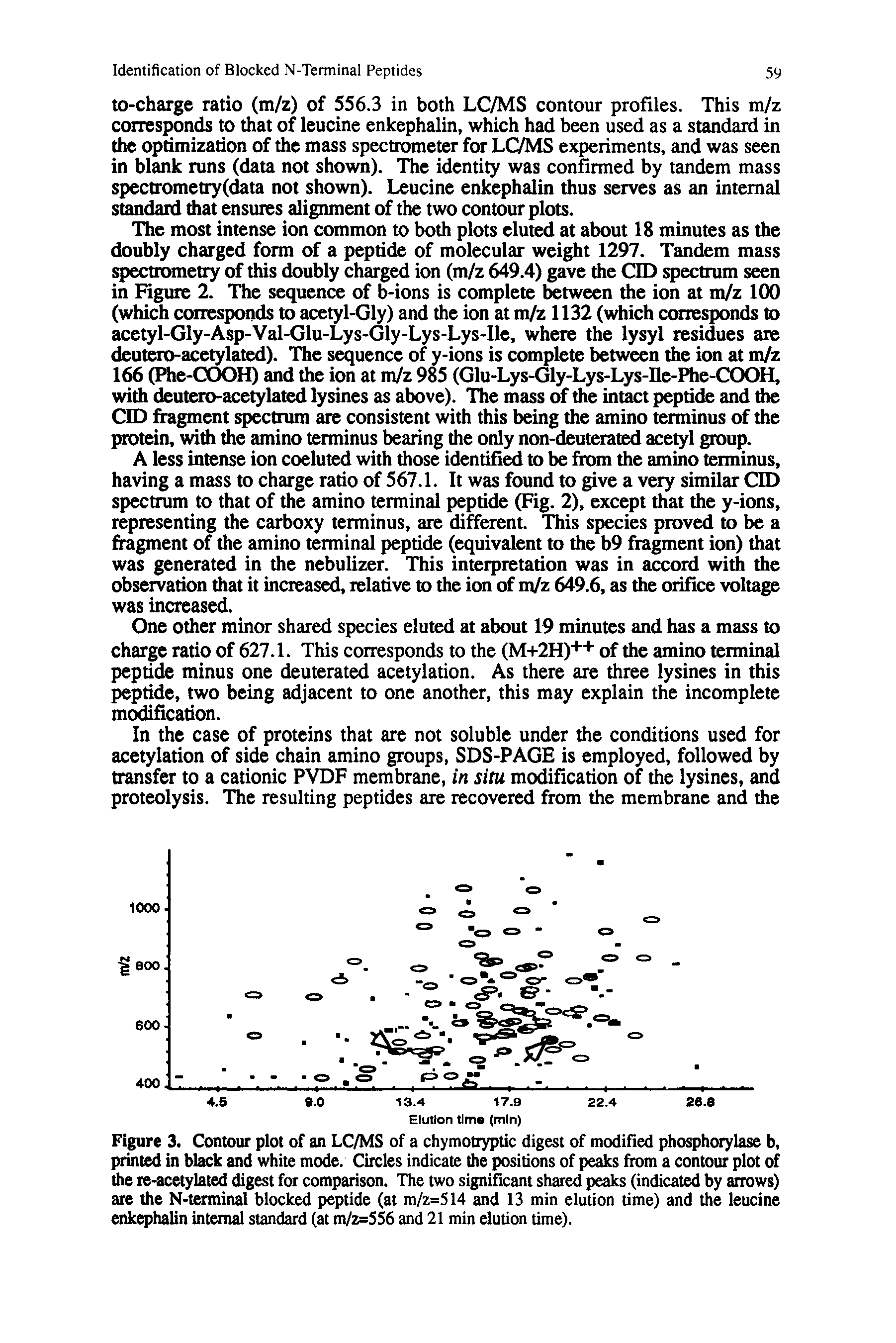 Figure 3. Contour plot of an LC/MS of a chymotryptic digest of modifled phosphorylase b, printed in black and white mode. Circles indicate the positions of peaks from a contour plot of the le-acetylated digest for comparison. The two significant shared peaks (indicated by arrows) are the N-terminal blocked peptide (at m/z=514 and 13 min elution time) and the leucine enkephalin internal standard (at m/z=SS6 and 21 min elution time).