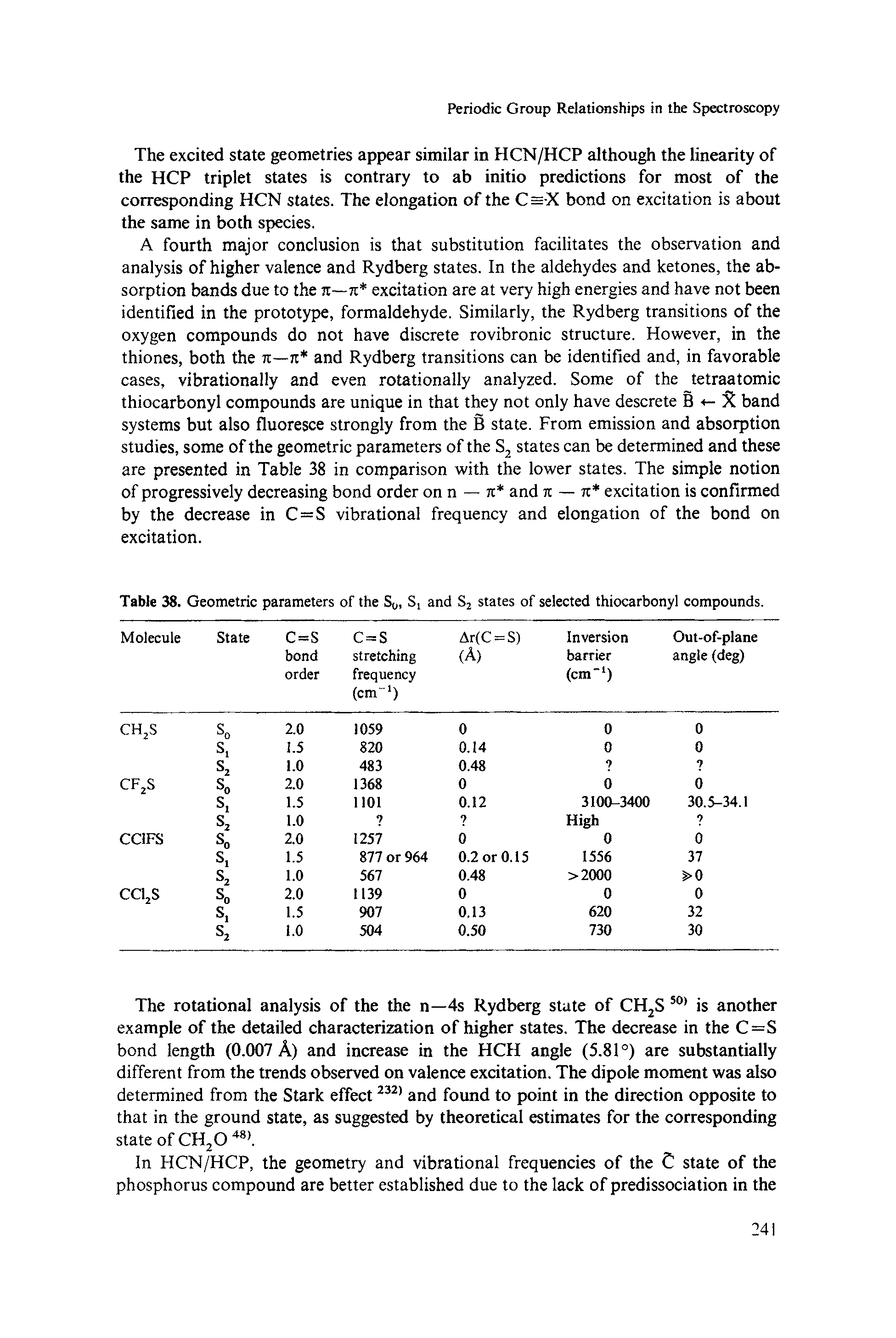 Table 38. Geometric parameters of the So, Si and S2 states of selected thiocarbonyl compounds.