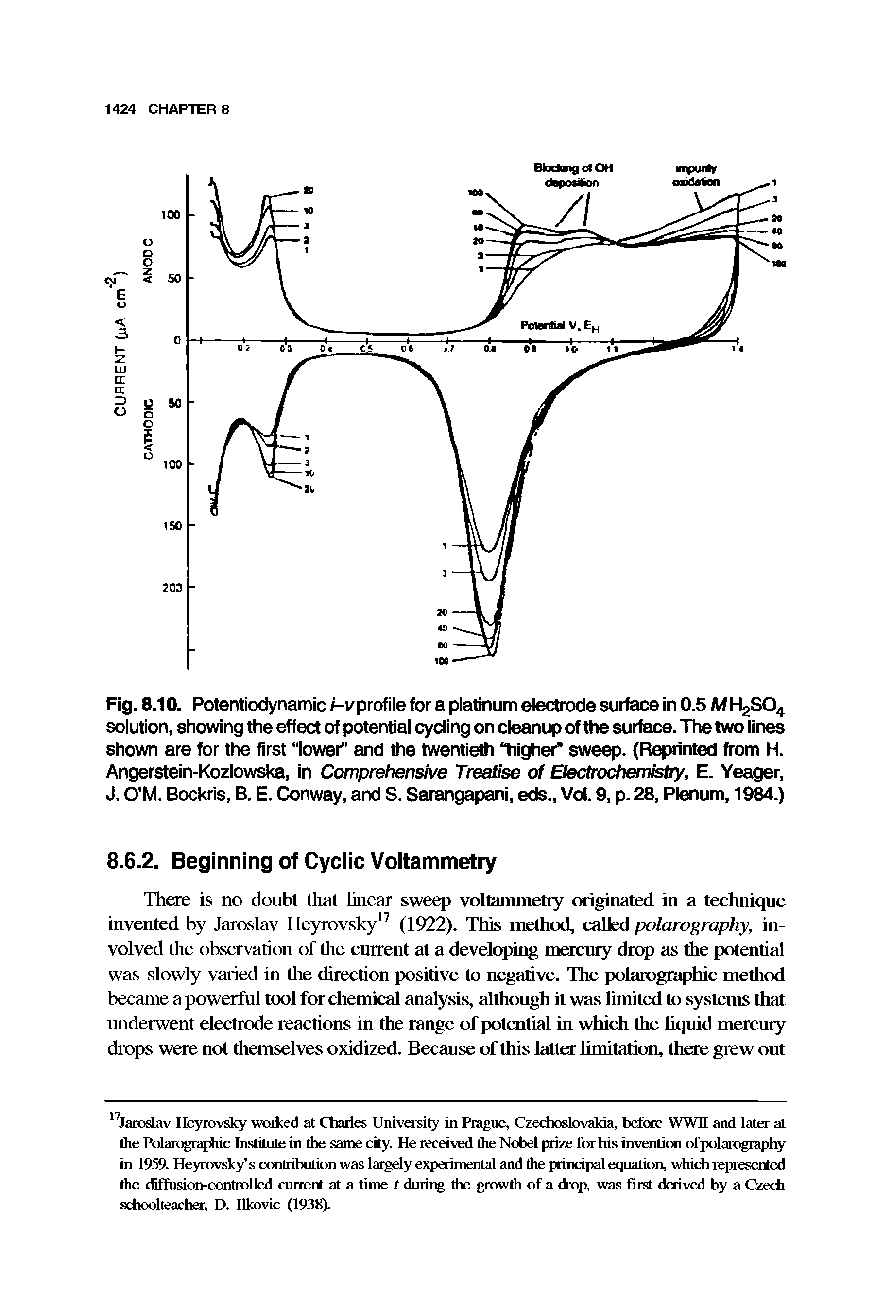 Fig. 8.10. Potentiodynamic i-v profile for a platinum electrode surface in 0.5 M H2S04 solution, showing the effect of potential cycling on cleanup of the surface. The two lines shown are for the first lower" and the twentieth higher sweep. (Reprinted from H. Angerstein-Kozlowska, in Comprehensive Treatise of Electrochemistry, E. Yeager, J. O M. Bockris, B. E. Conway, and S. Sarangapani, eds., Vol. 9, p. 28, Plenum, 1984.)...