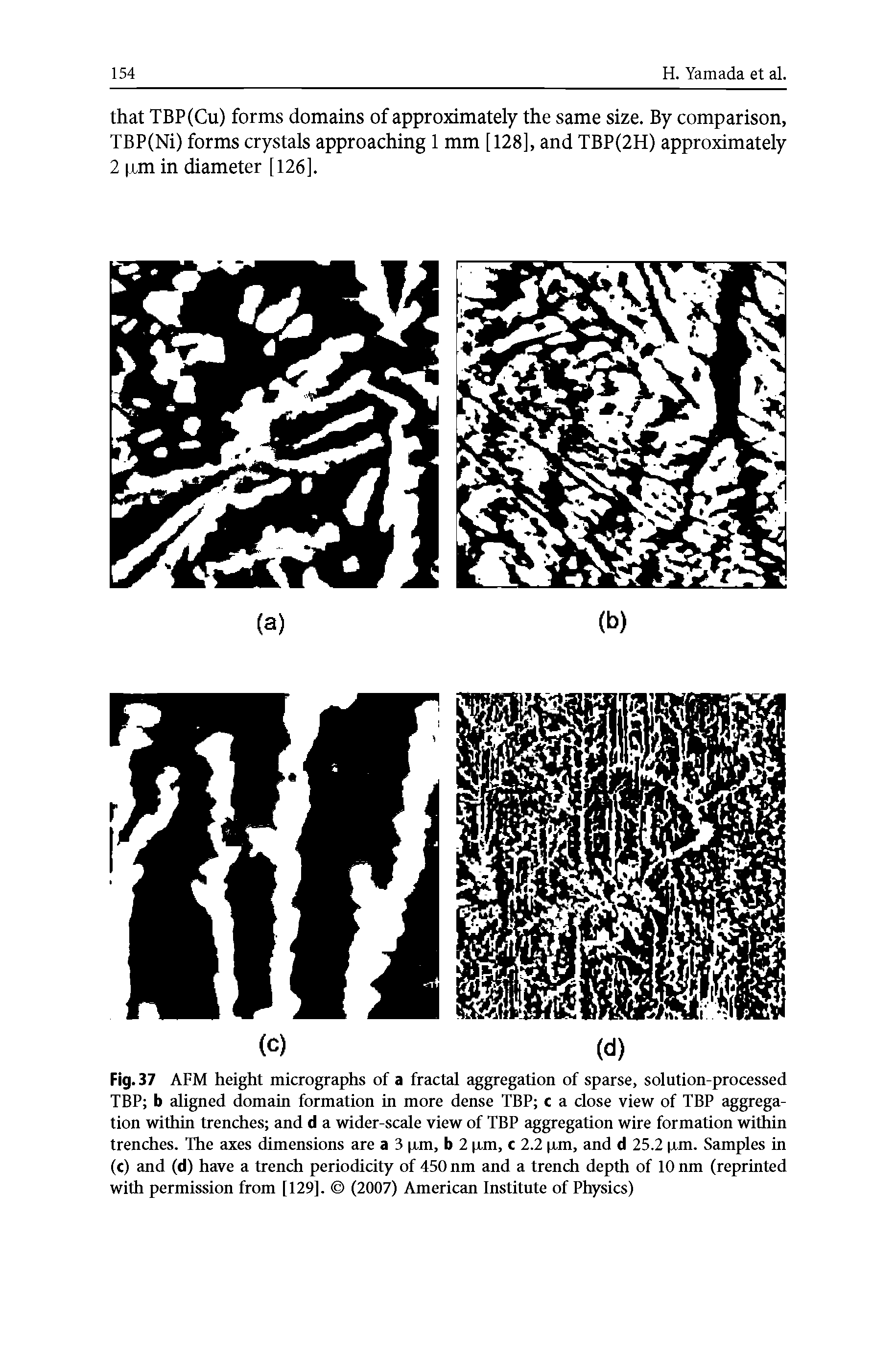 Fig. 37 AFM height micrographs of a fractal aggregation of sparse, solution-processed TBP b aligned domain formation in more dense TBP c a close view of TBP aggregation within trenches and d a wider-scale view of TBP aggregation wire formation within trenches. The axes dimensions are a 3 ixm, b 2 ixm, c 2.2 ixm, and d 25.2 xm. Samples in (c) and (d) have a trench periodicity of 450 nm and a trench depth of 10 nm (reprinted with permission from [129]. (2007) American Institute of Physics)...