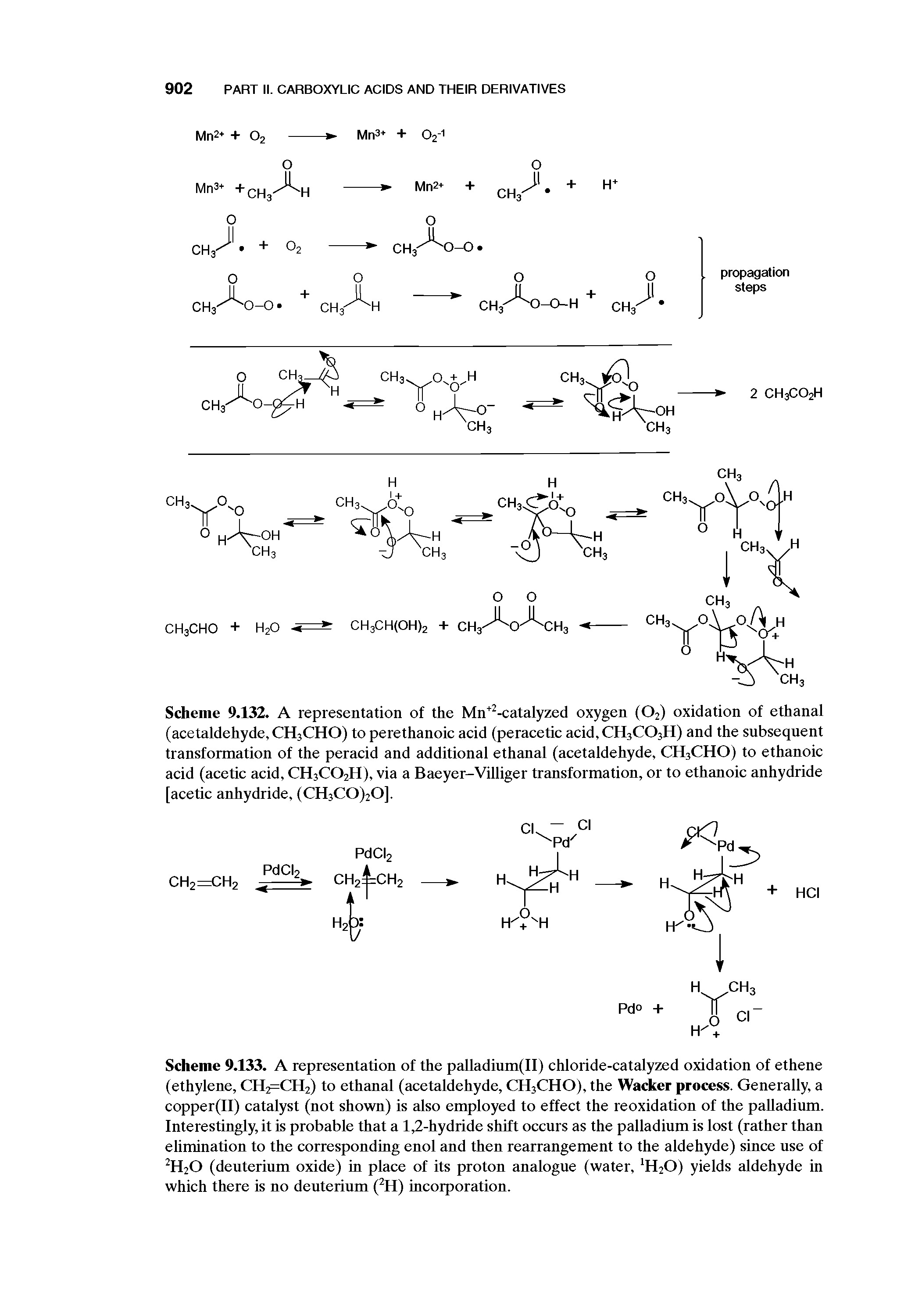 Scheme 9.132. A representation of the Mn -catalyzed oxygen (O2) oxidation of ethanal (acetaldehyde, CHaCHO) to perethanoic acid (peracetic acid.CHaCOaH) and the snbseqnent transformation of the peracid and additional ethanal (acetaldehyde, CH3CHO) to ethanoic acid (acetic acid, CHaC02H), via a Baeyer-Villiger transformation, or to ethanoic anhydride [acetic anhydride, (CHaCO)20].