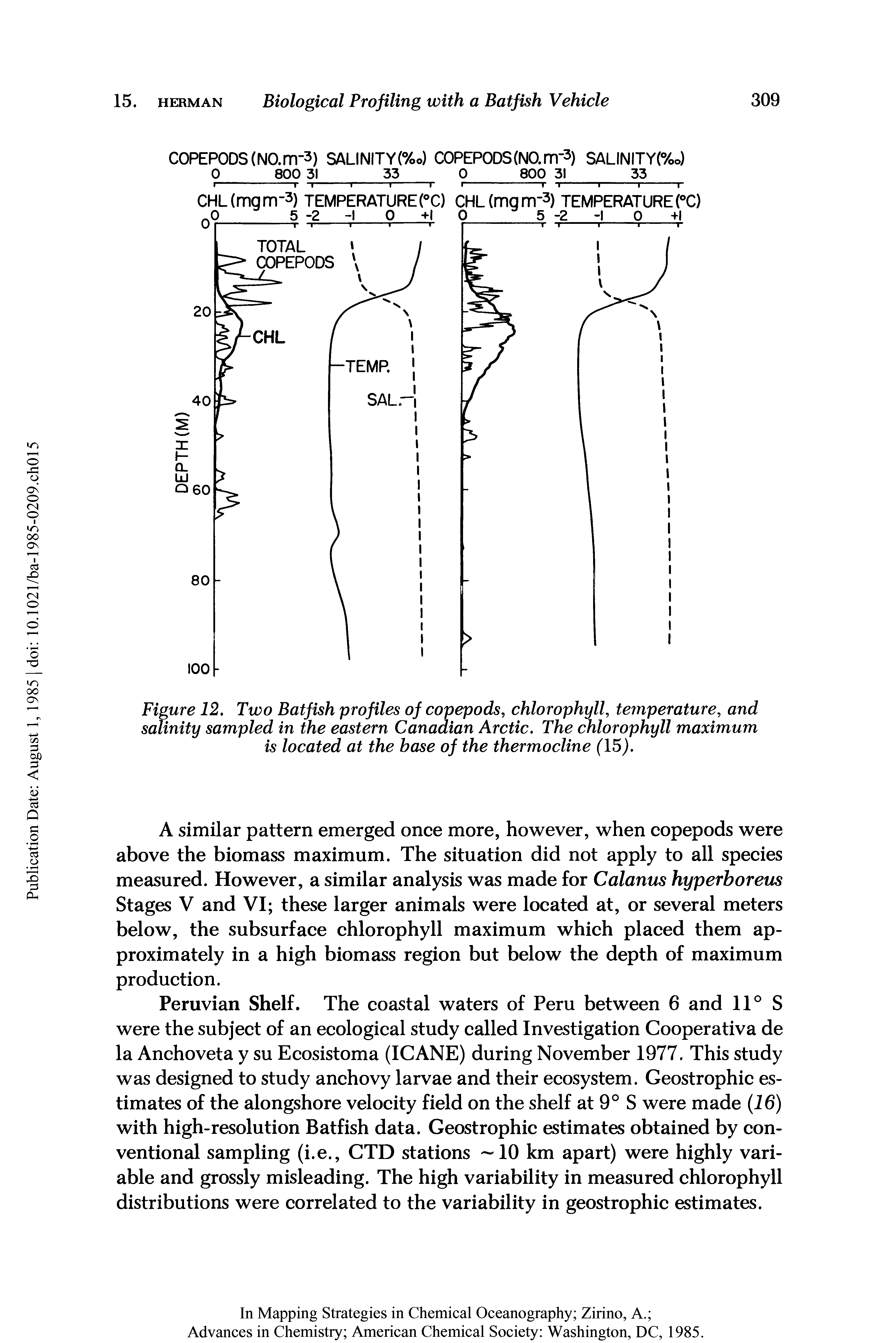 Figure 12. Two Batfish profiles of copepods, chlorophyll, temperature, and salinity sampled in the eastern Canadian Arctic. The chlorophyll maximum is located at the base of the thermocline (15).