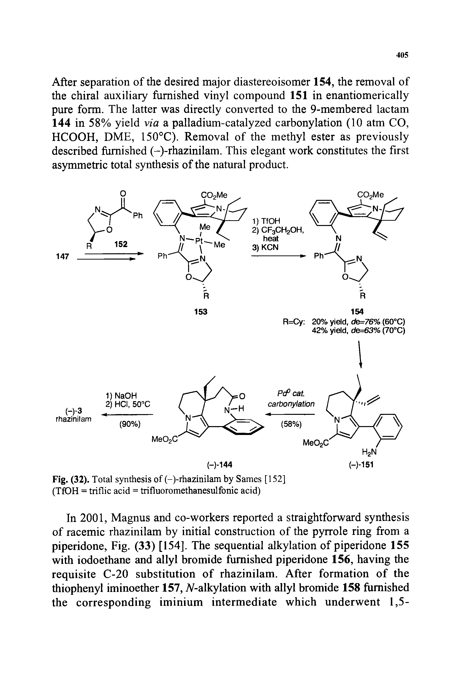 Fig. (32). Total synthesis of (-)-rhazinilam by Sames [152] (TfOH = triflic acid = trifluoromethanesulfonic acid)...