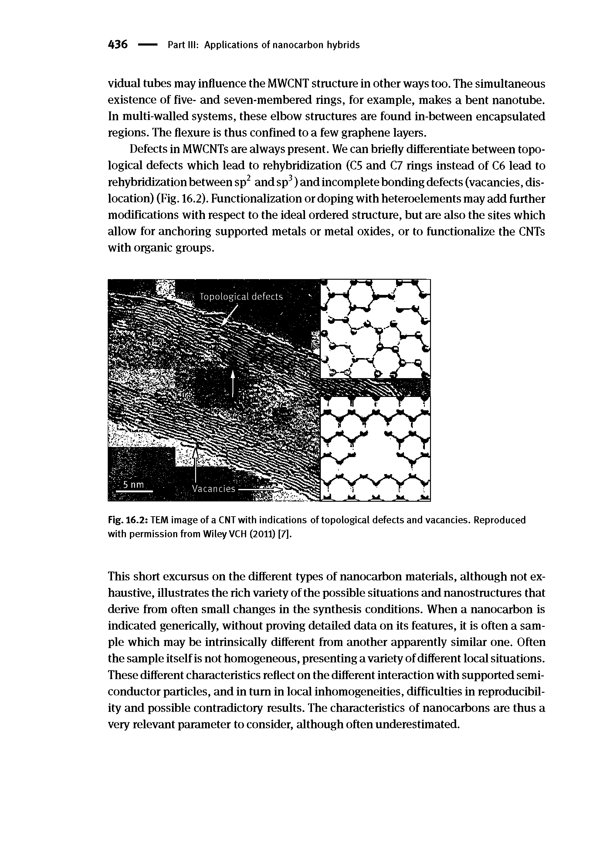 Fig. 16.2 TEM image of a CNT with indications of topological defects and vacancies. Reproduced with permission from Wiley VCH (2011) [7].