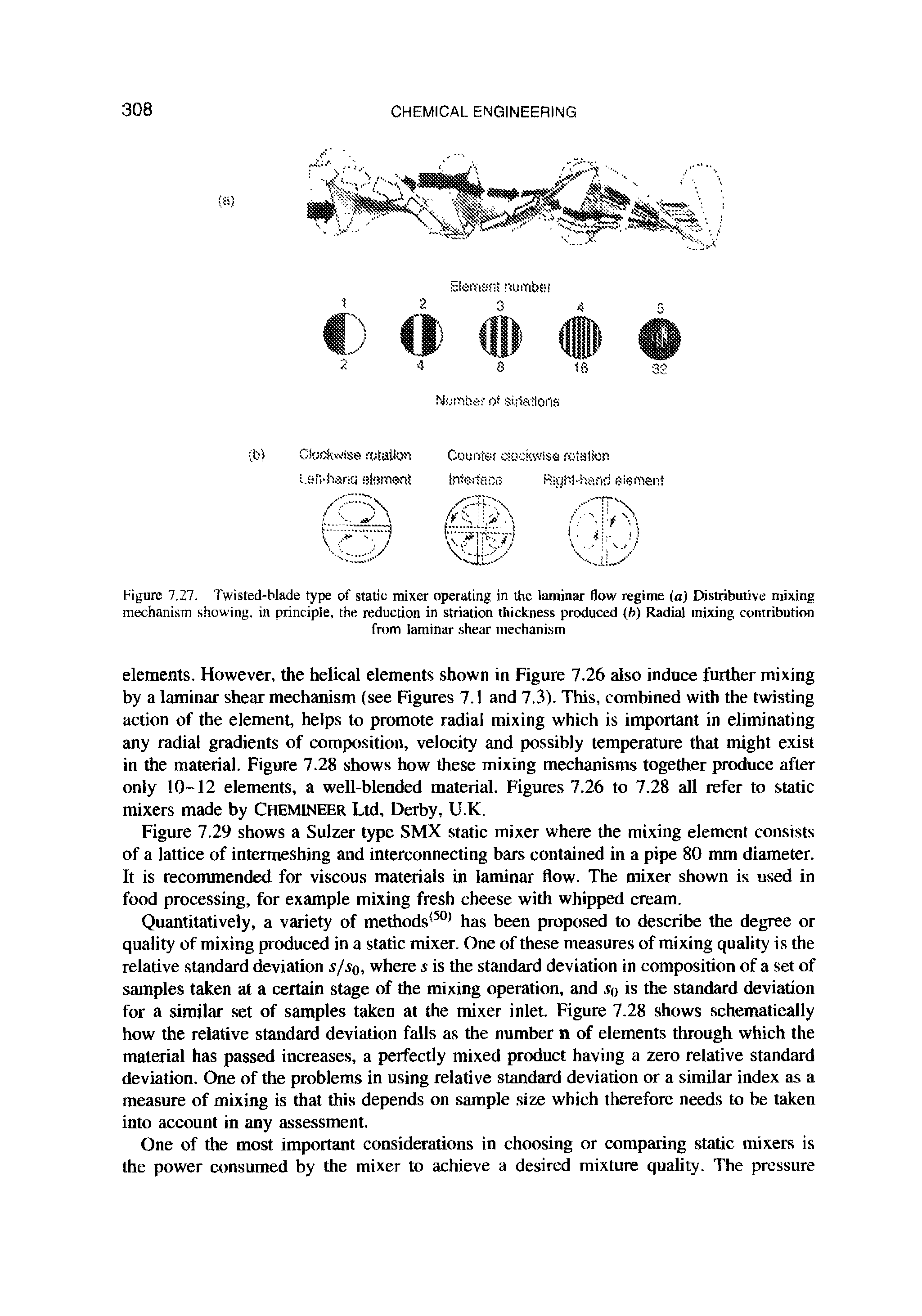 Figure 7.27. Twisted-blade type of static mixer operating in the laminar flow regime (a) Distributive mixing mechanism showing, in principle, the reduction in striation thickness produced (f>) Radial mixing contribution...