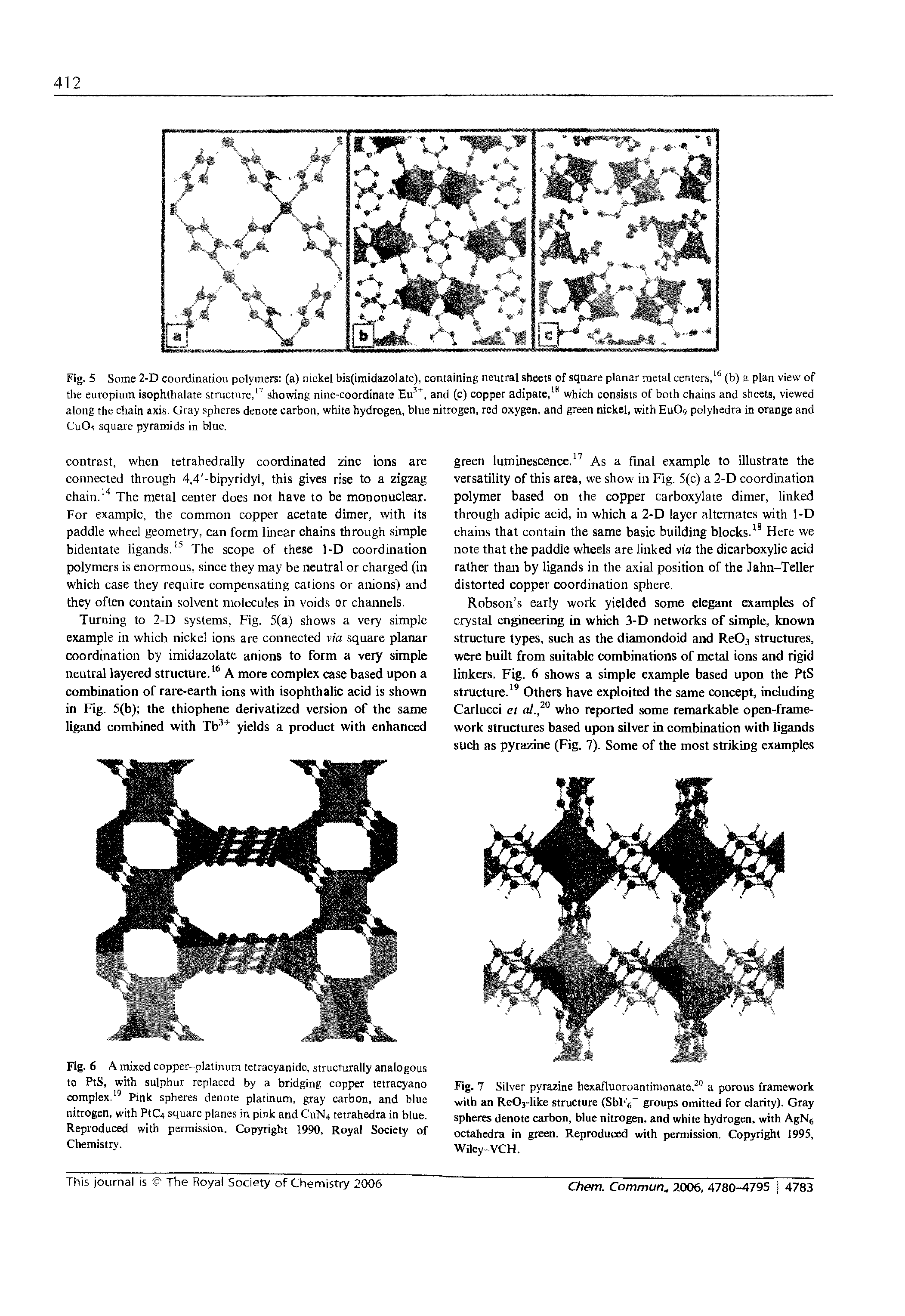 Fig. 5 Some 2-D coordination polymers (a) nickel bis(imidazolate), containing neutral sheets of square planar metal centers,16 (b) a plan view of the europium isophthalate structure,17 showing nine-coordinate Eu3+, and (c) copper adipate,18 which consists of both chains and sheets, viewed along the chain axis. Gray spheres denote carbon, white hydrogen, blue nitrogen, red oxygen, and green nickel, with EuO, polyhedra in orange and CuOs square pyramids in blue.