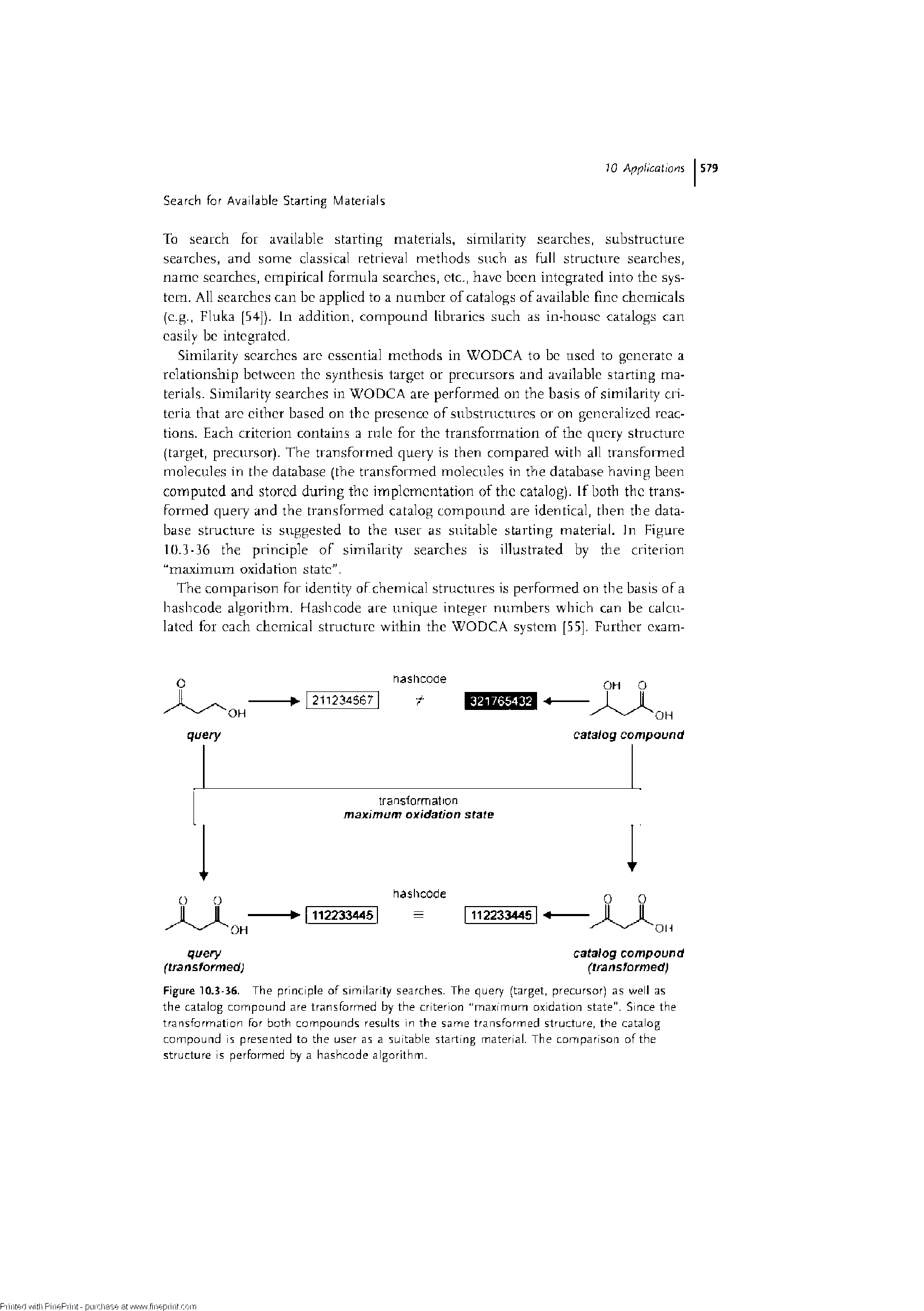 Figure 10.3-16. The principle of similarity searches. The query (target, precursor) as well as the catalog compound are transformed by the criterion maximum oxidation state". Since the transformation for both compounds results in the samie transformed structure, the catalog compound is presented to the user as a suitable starting material. The comparison of the structure is performed by a hashcode algorithm.