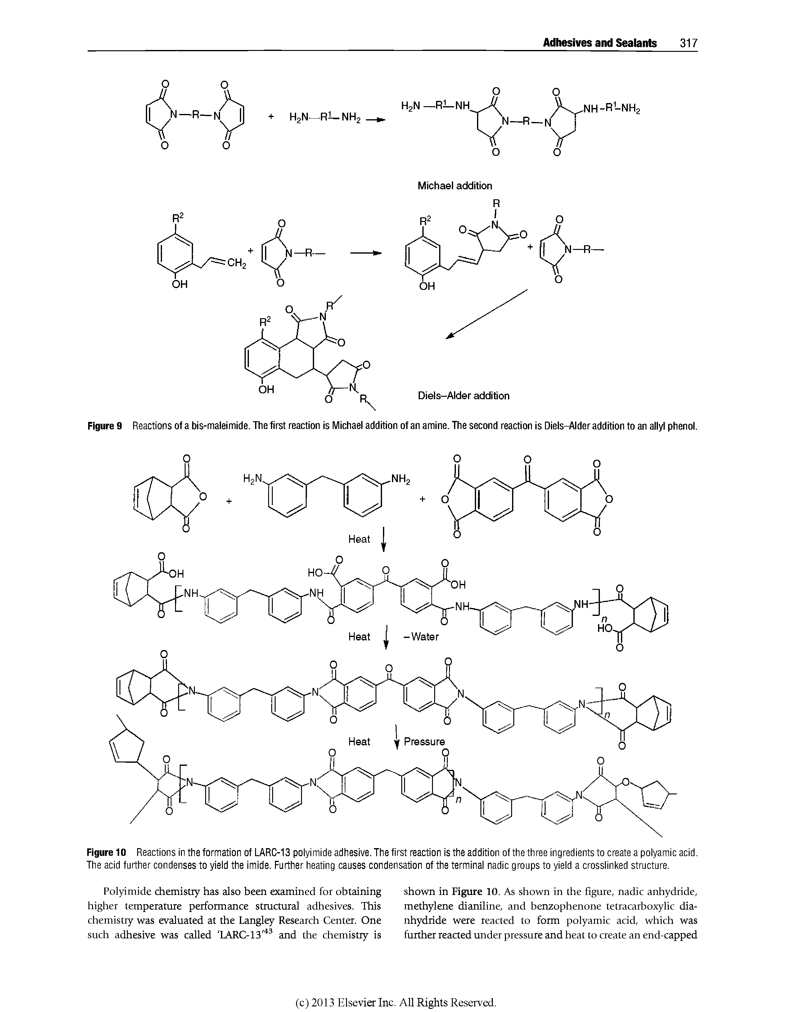 Figure 10 Reactions in the formation of LARC-13 polyimide adhesive. The first reaction is the addition of the three ingredients to create a polyamic acid. The acid further condenses to yieid the imide. Further heating causes condensation of the terminal nadic groups to yield a crosslinked structure.