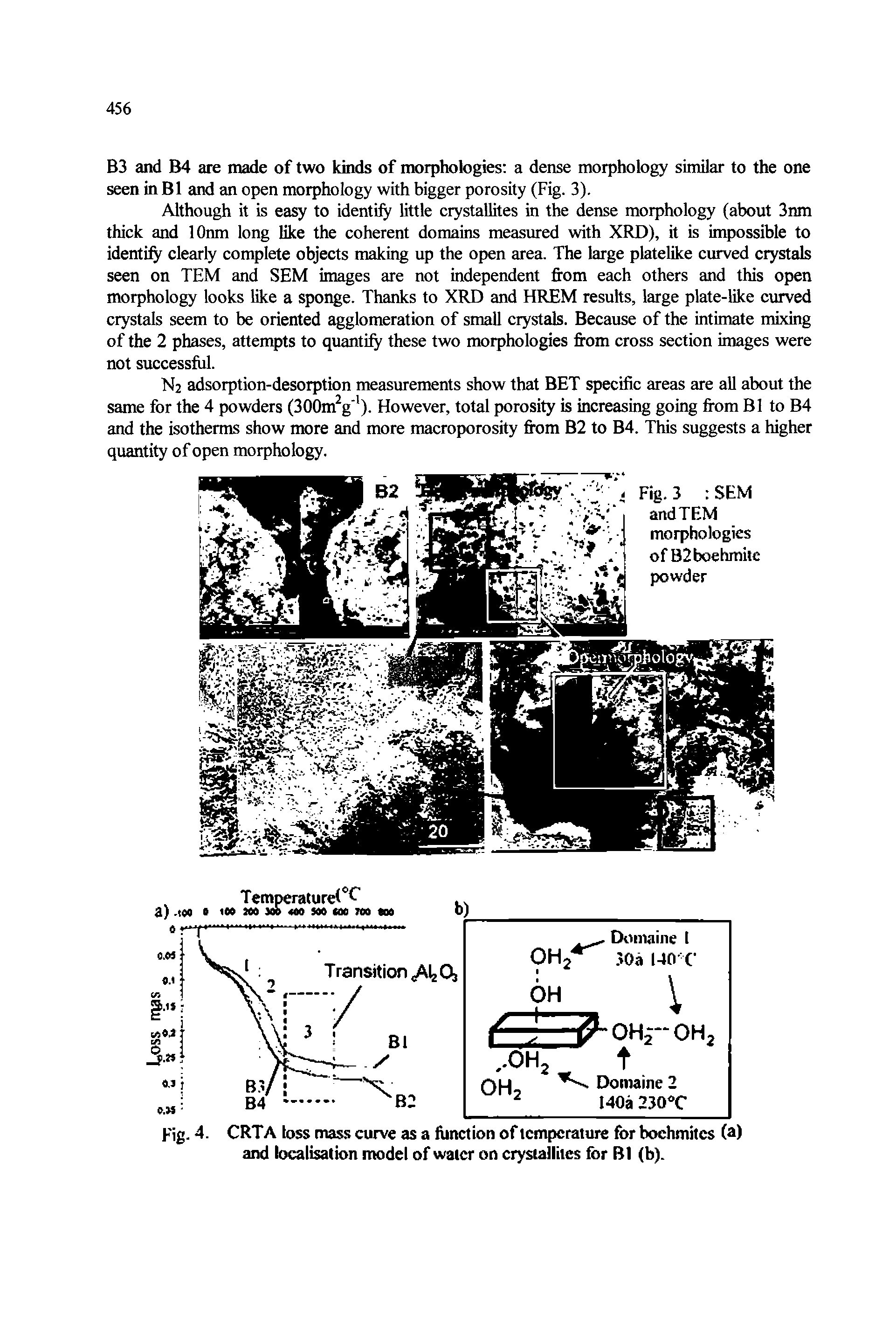 Fig. 4. CRTA loss mass curve as a function of temperature for bochmitcs (a) and localisation model of water on crystallites for Bl (b).