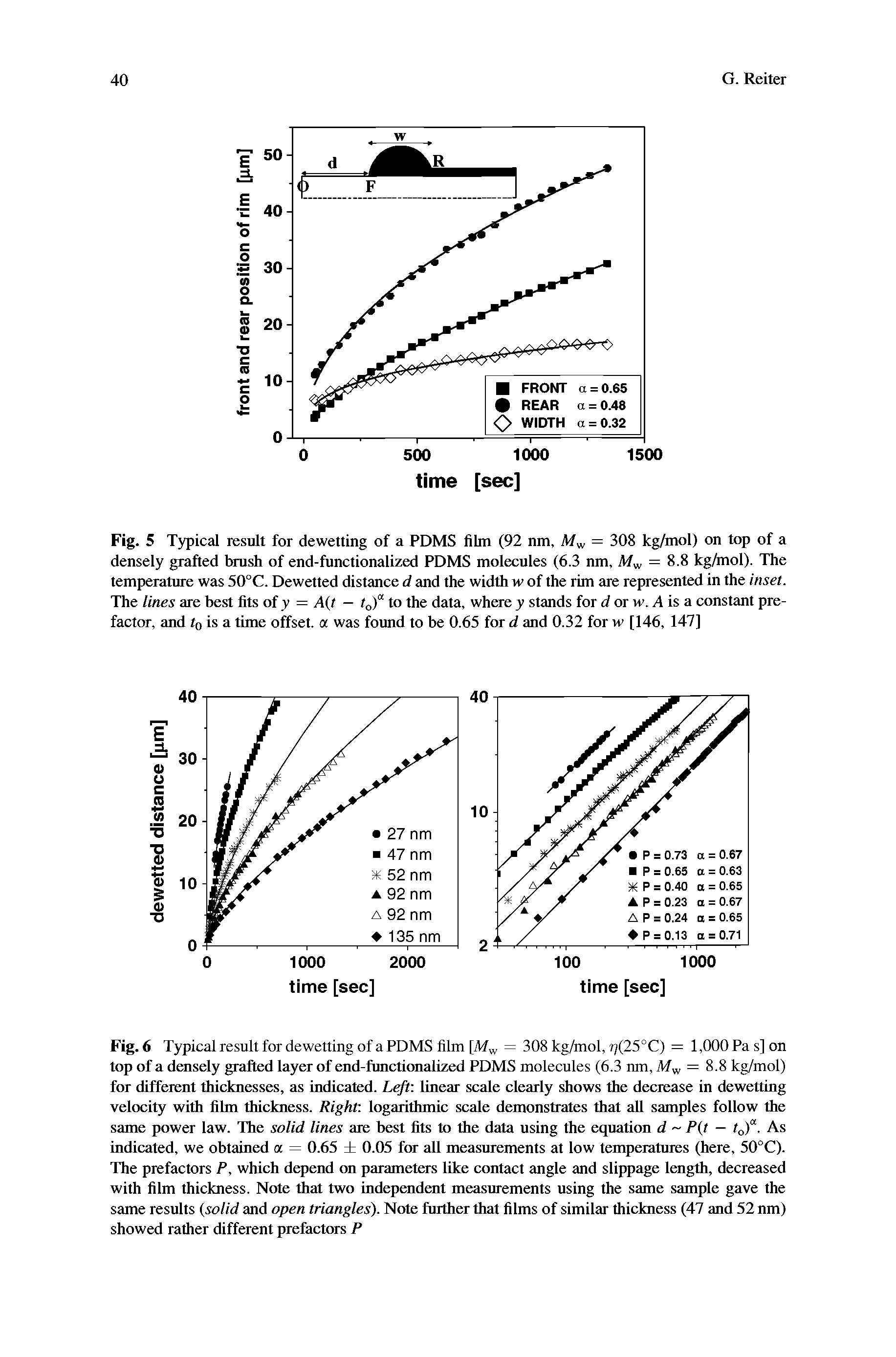 Fig. 5 Typical result for dewetting of a PDMS film (92 nm, = 308 kg/mol) on top of a densely grafted brush of end-functionalized PDMS molecules (6.3 nm, = 8.8 kgAnol). The temperature was 50°C. Dewetted distance d and the width w of the rim are represented in the inset. The lines are best fits of y = A(t — t f to the data, whae y stands for d or w. zl is a constant prefactor, and to is a time offset, a was foimd to be 0.65 for d and 0.32 for w [146, 147]...