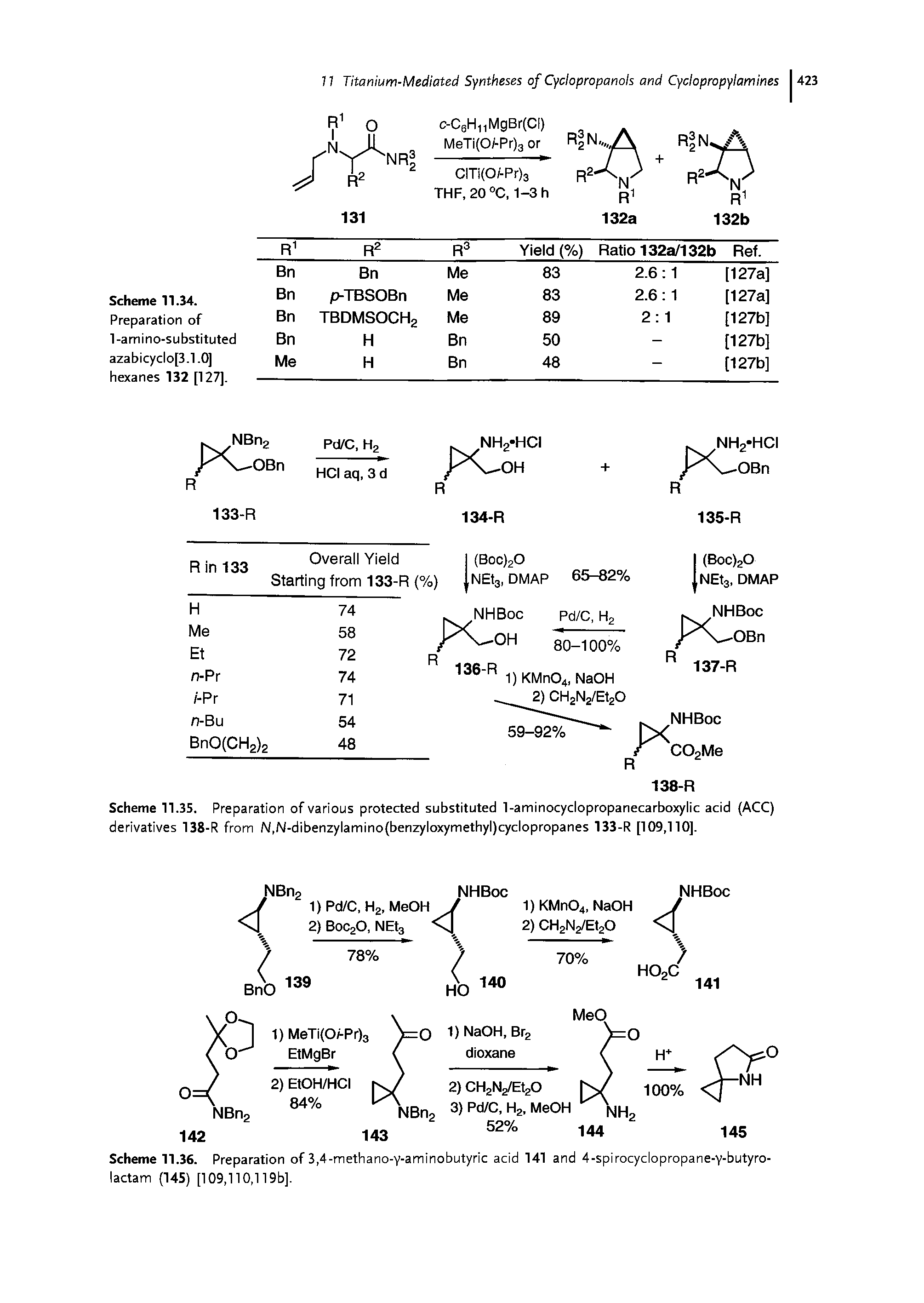 Scheme 11.35. Preparation of various protected substituted 1-aminocyclopropanecarboxylic acid (ACC) derivatives 138-R from N,N-dibenzylamino(benzyloxymethyl)cyclopropanes 133-R [109,110],...