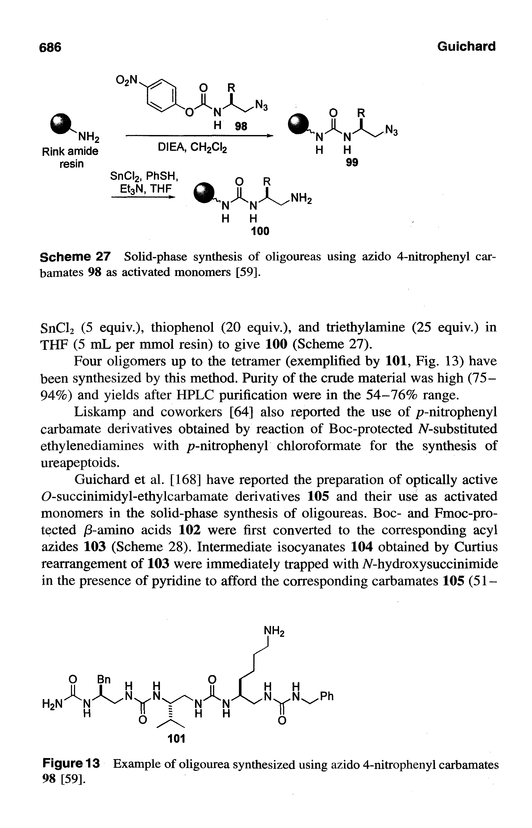 Scheme 27 Solid-phase synthesis of oligoureas using azido 4-nitrophenyl carbamates 98 as activated monomers [59].