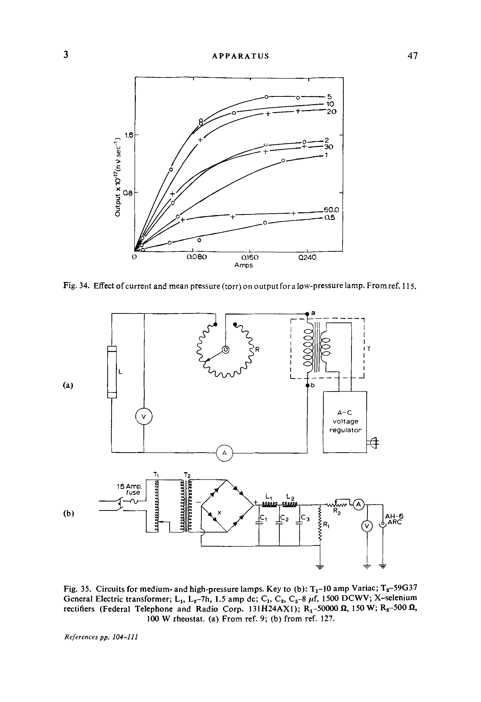 Fig. 35. Circuits for medium- and high-pressure lamps. Key to (b) Tj-10 amp Variac Tj-59G37 General Electric transformer Li, L -Th, 1.5 amp dc Cj, Cj, C3-8 /rf, 1500 DCWV X-selenium rectifiers (Federal Telephone and Radio Corp. 131H24AX1) Ri-50000 ft, 150 W Ra-500 fl, 100 W rheostat, (a) From ref. 9 (b) from ref. 127.