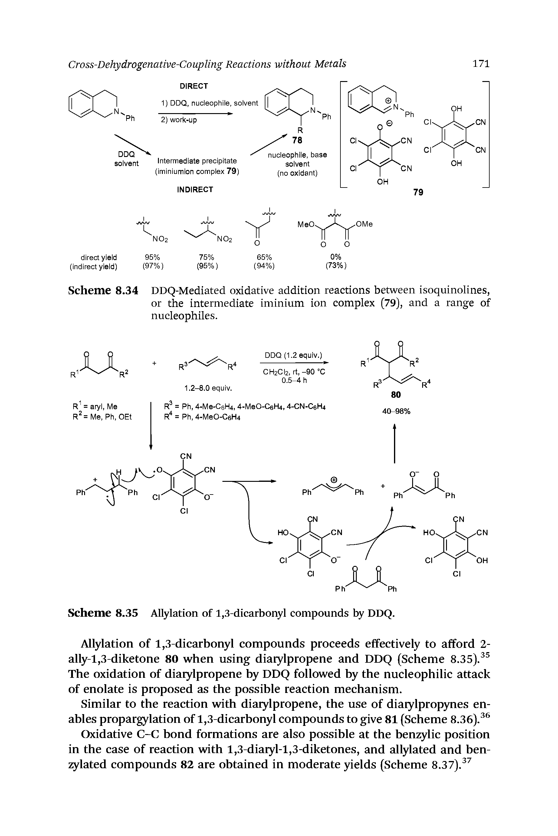 Scheme 8.34 DDQ-Mediated oxidative addition reactions between isoquinolines, or the intermediate iminium ion complex (79), and a range of nucleophiles.
