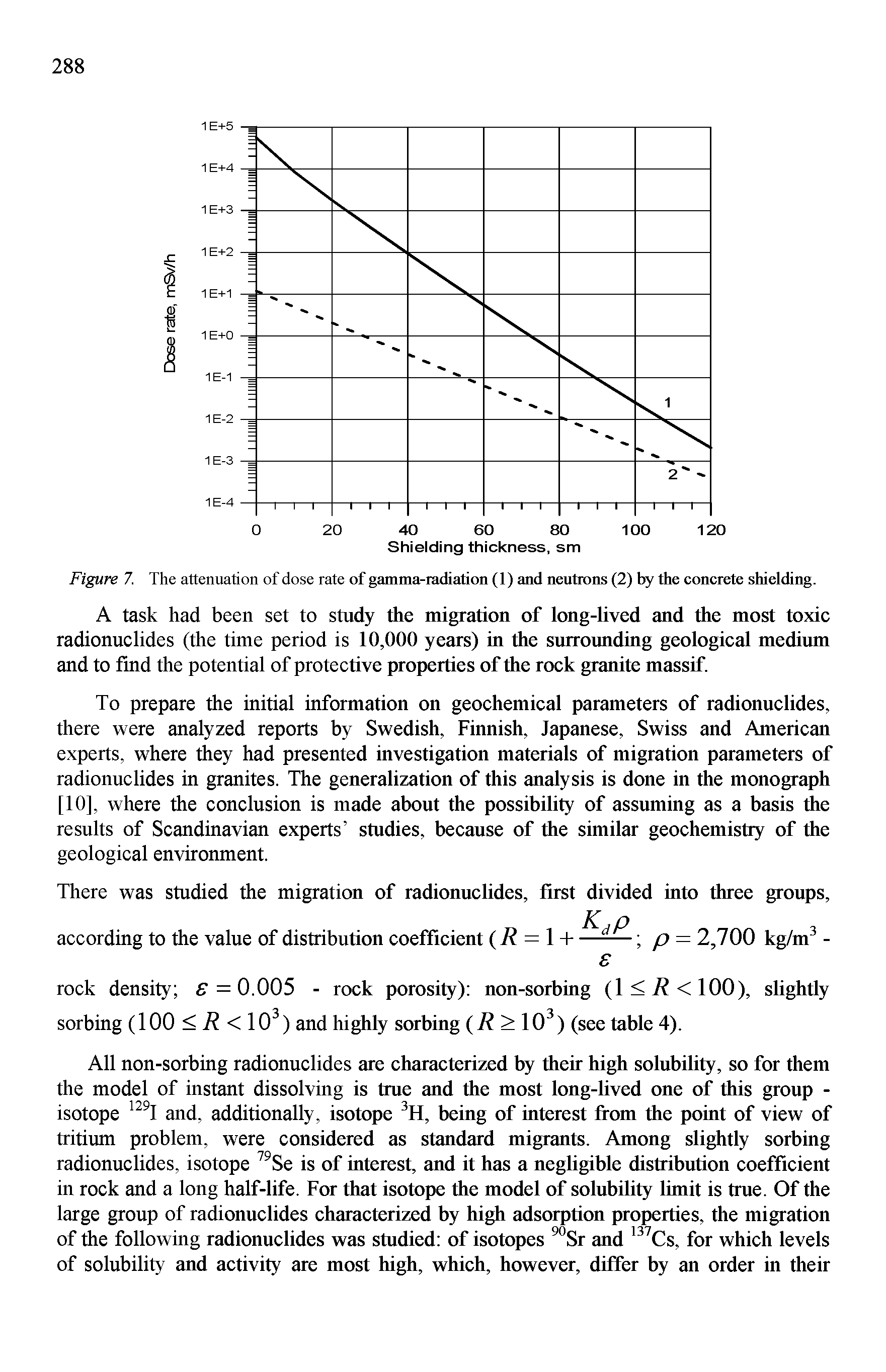 Figure 7. The attenuation of dose rate of gamma-radiation (1) and neutrons (2) by the concrete shielding.