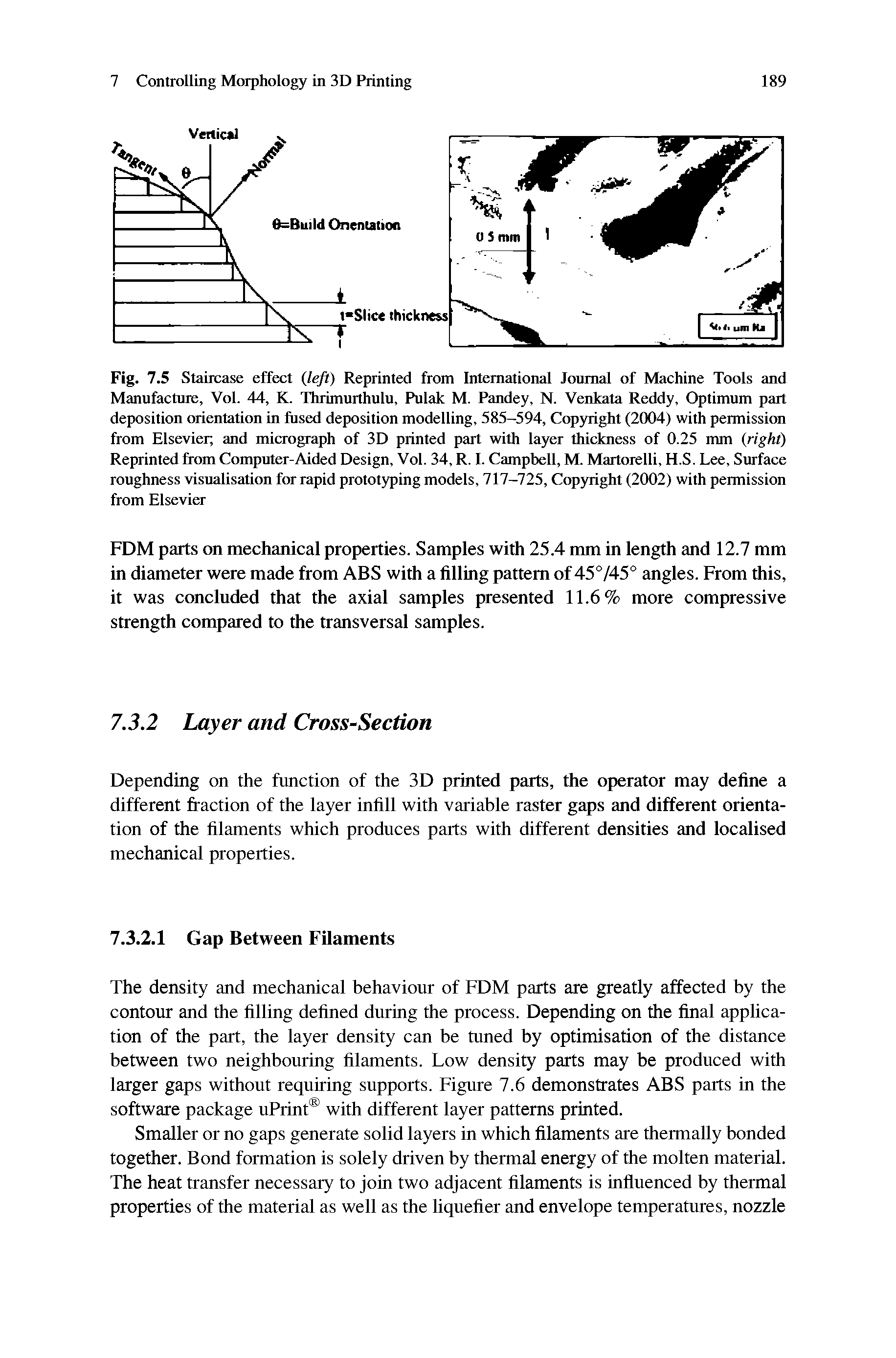 Fig. 7.5 Staircase effect left) Reprinted from International Journal of Machine Tools and Manufacture, Vol. 44, K. Thrimurthulu, Pulak M. Pandey, N. Venkata Reddy, Optimum part deposition orientation in fused deposition modelling, 585-594, Copyright (2004) with permission from Elsevier, and micrograph of 3D printed part with layer thickness of 0.25 mm (right) Reprinted from Computer-Aided Design, Vol. 34, R. I. Campbell, M. Martorelli, H.S. Lee, Siuface roughness visualisation for rapid prototyping models, 717-725, Copyright (2002) with permission from Elsevier...
