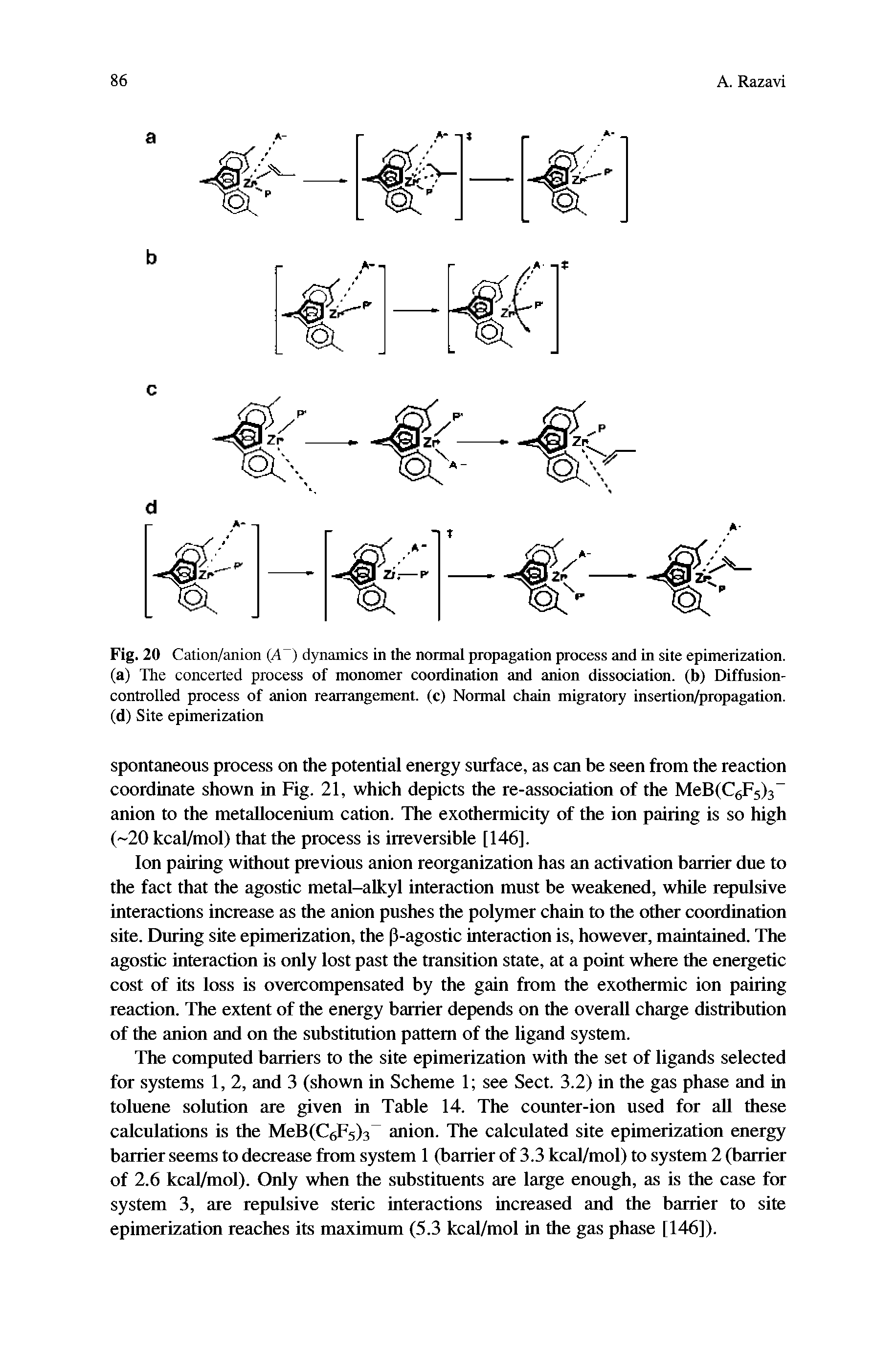 Fig. 20 Cation/anion (A ) dynamics in the normal propagation process and in site epimerization. (a) The concerted process of monomer coordination and anion dissociation, (b) Diffusion-controlled process of anion rearrangement, (c) Normal chain migratory insertion/propagation. (d) Site epimerization...