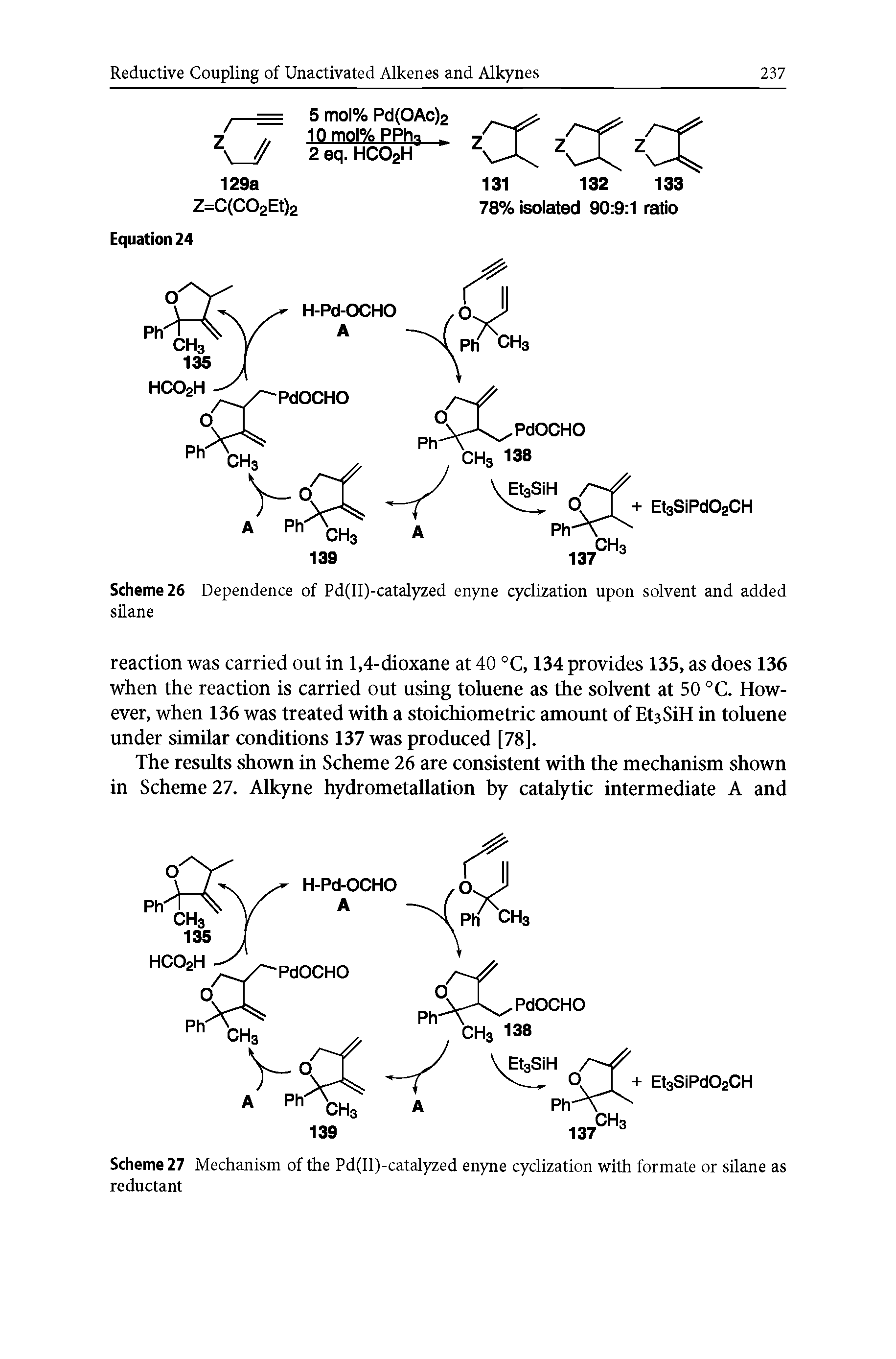 Scheme 27 Mechanism of the Pd(II)-catalyzed enyne cyclization with formate or silane as reductant...