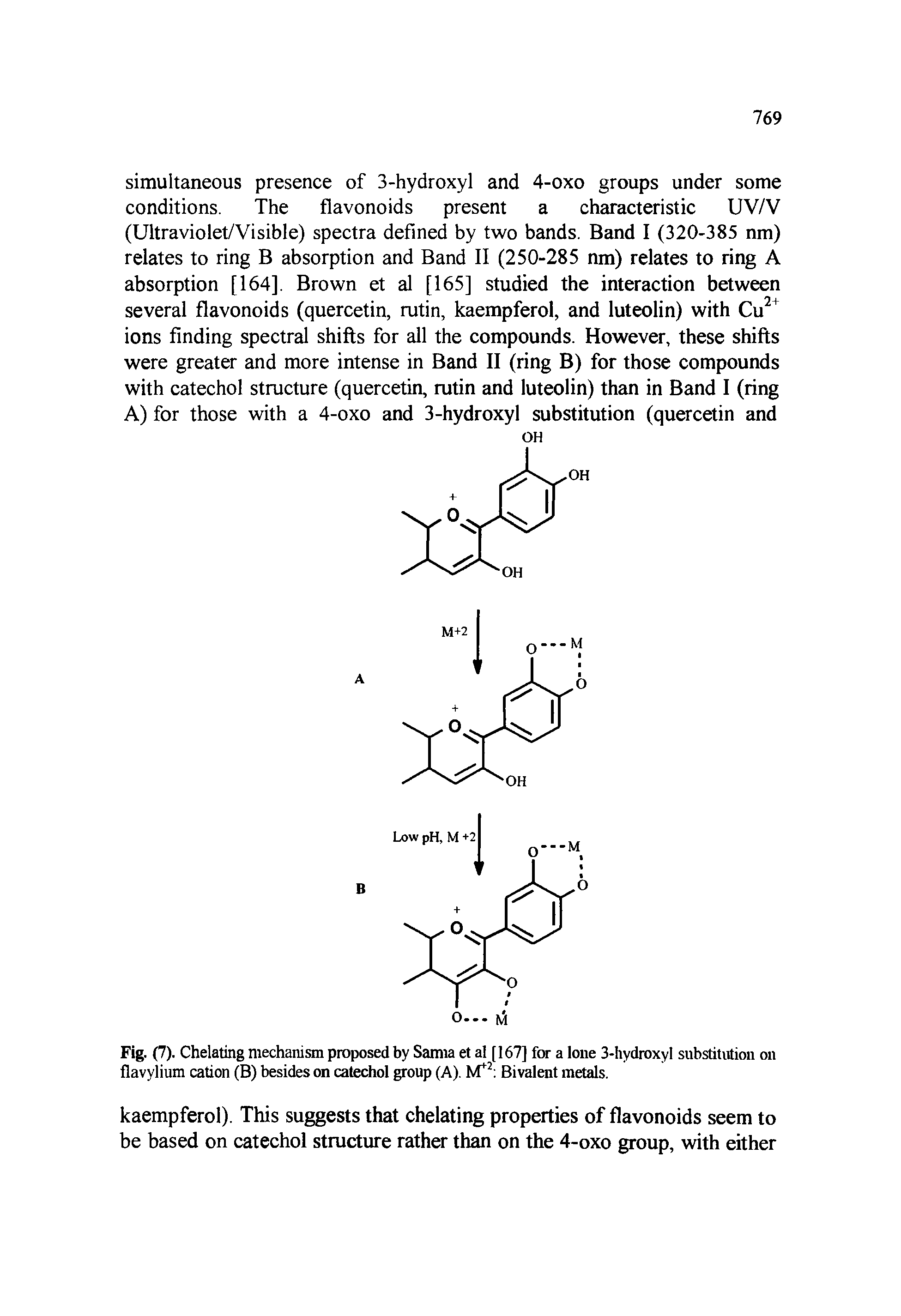 Fig. (7). Chelating mechanism proposed by Samia et al [167] for a lone 3-hydroxyl substitution on flavylium cation (B) besides on catechol group (A). M 2 Bivalent metals.