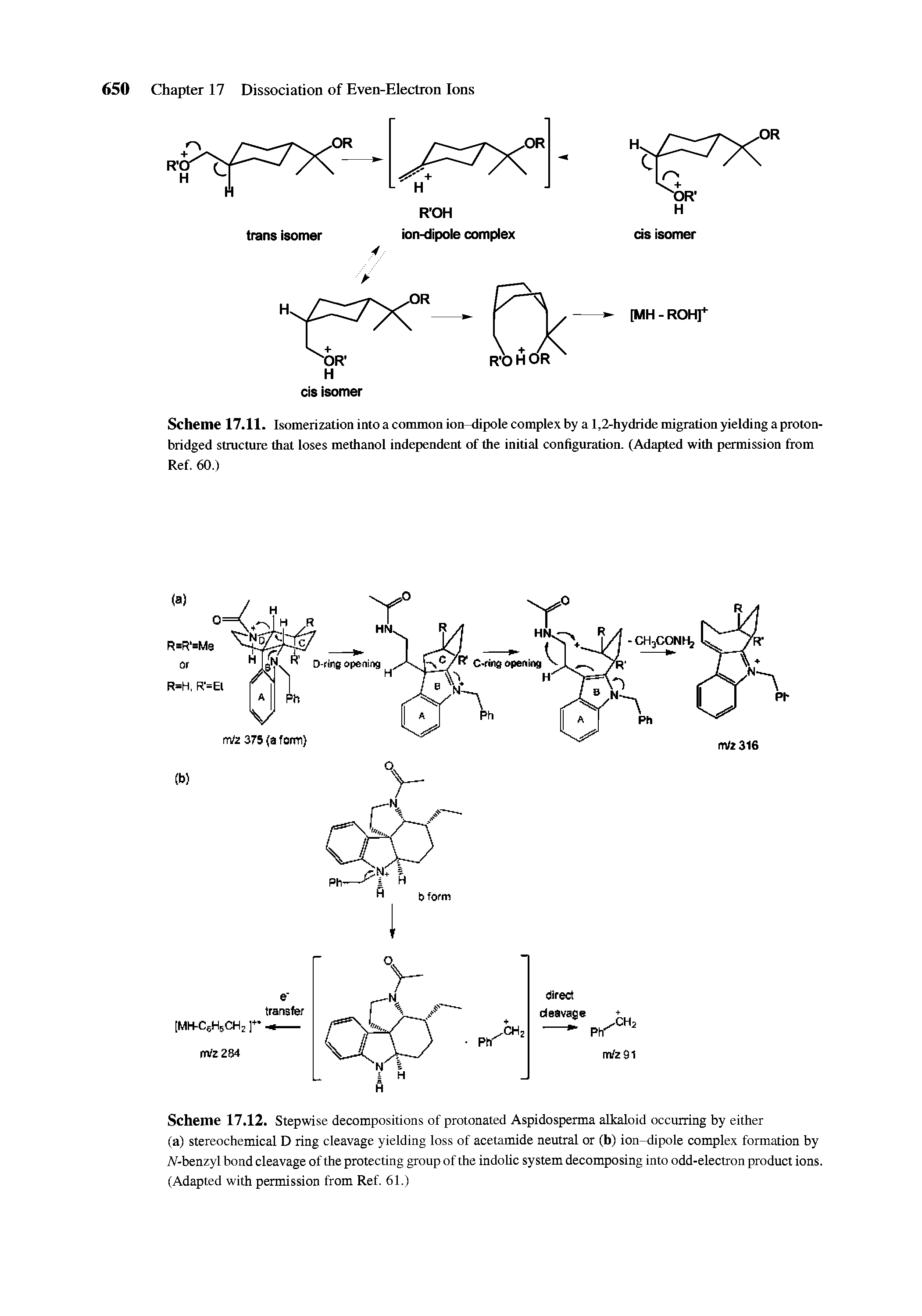 Scheme 17.12. Stepwise decompositions of protonated Aspidosperma alkaloid occurring by either (a) stereochemical D ring cleavage yielding loss of acetamide neutral or (b) ion-dipole complex formation by A-benzyl bond cleavage of the protecting group of the indolic system decomposing into odd-electron product ions. (Adapted with permission from Ref 61.)...