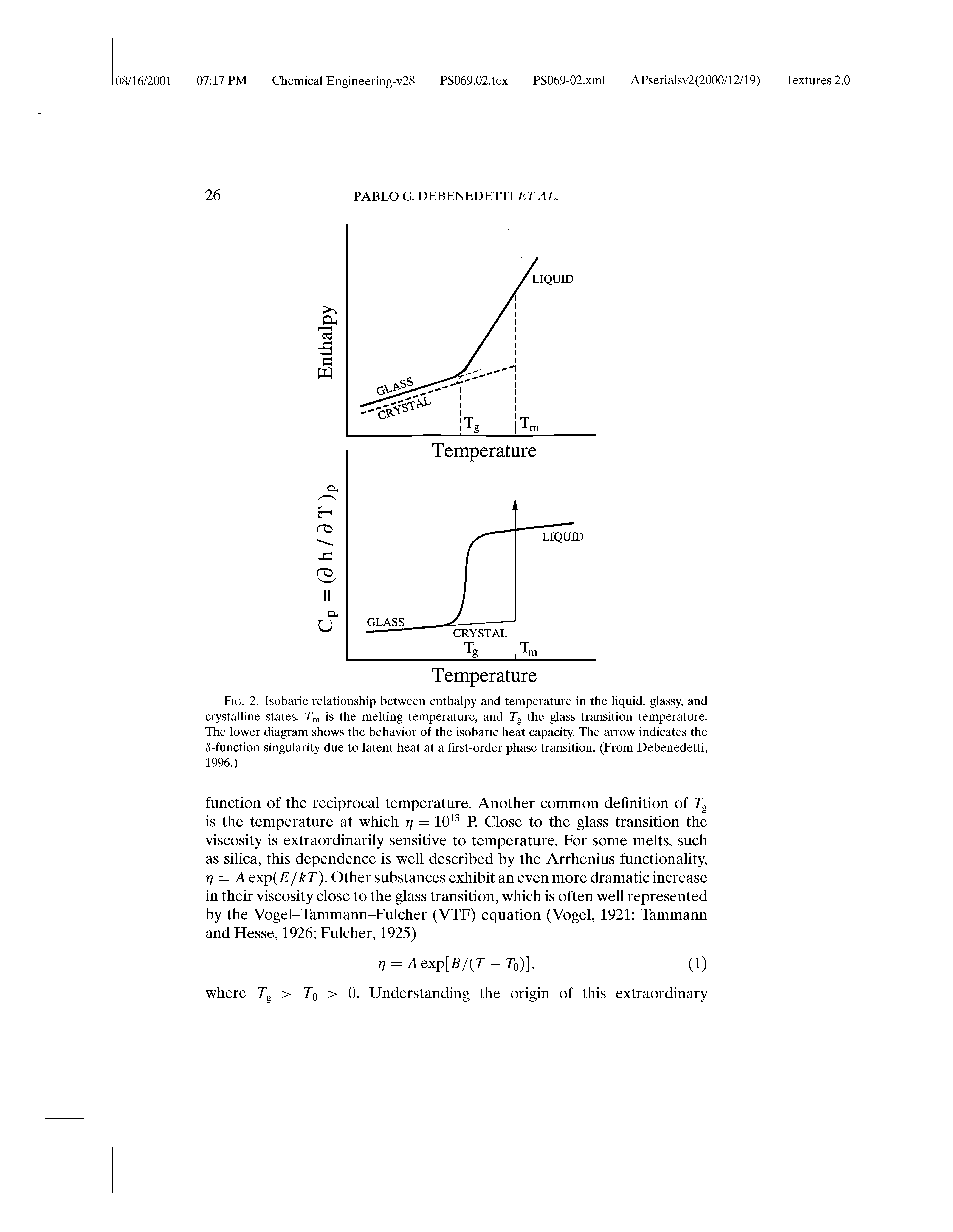 Fig. 2. Isobaric relationship between enthalpy and temperature in the liquid, glassy, and crystalline states. is the melting temperature, and Fg the glass transition temperature. The lower diagram shows the behavior of the isobaric heat capacity. The arrow indicates the -function singularity due to latent heat at a first-order phase transition. (From Debenedetti, 1996.)...