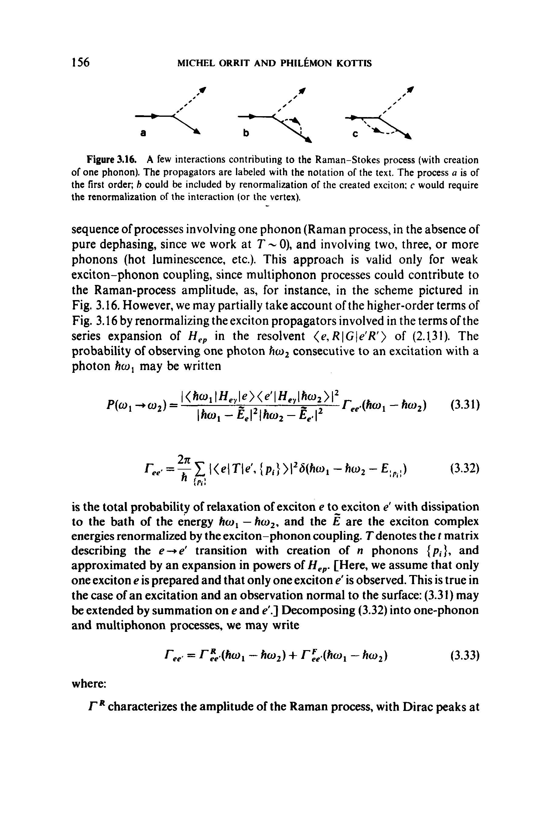 Figure 3.16. A few interactions contributing to the Raman-Stokes process (with creation of one phonon). The propagators are labeled with the notation of the text. The process a is of the first order b could be included by renormalization of the created exciton c would require the renormalization of the interaction (or the vertex).