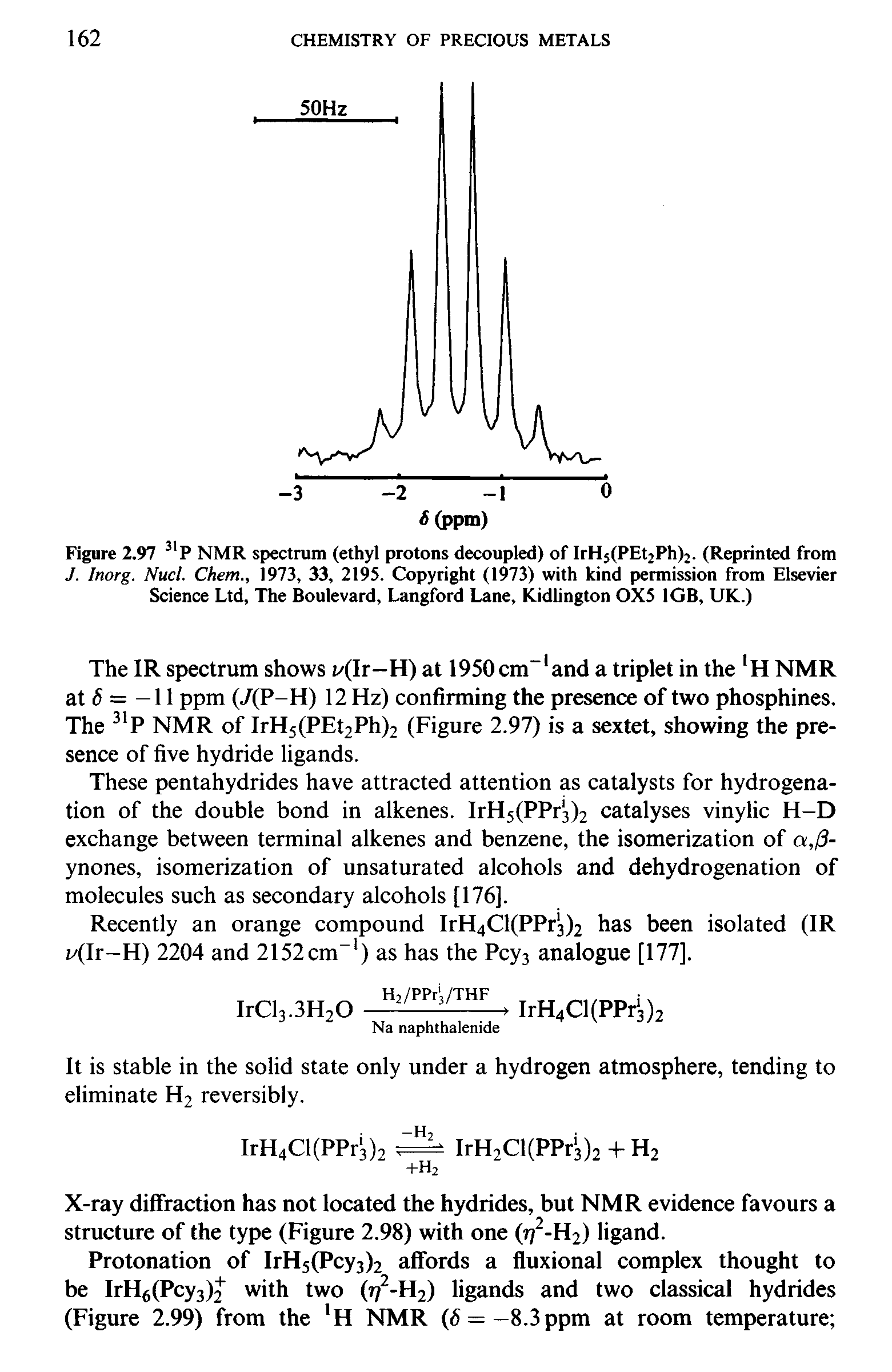 Figure 2.97 31P NMR spectrum (ethyl protons decoupled) of IrH5(PEt2Ph)2. (Reprinted from J. Inorg. Nucl. Chem., 1973, 33, 2195. Copyright (1973) with kind permission from Elsevier Science Ltd, The Boulevard, Langford Lane, Kidlington 0X5 1GB, UK.)...