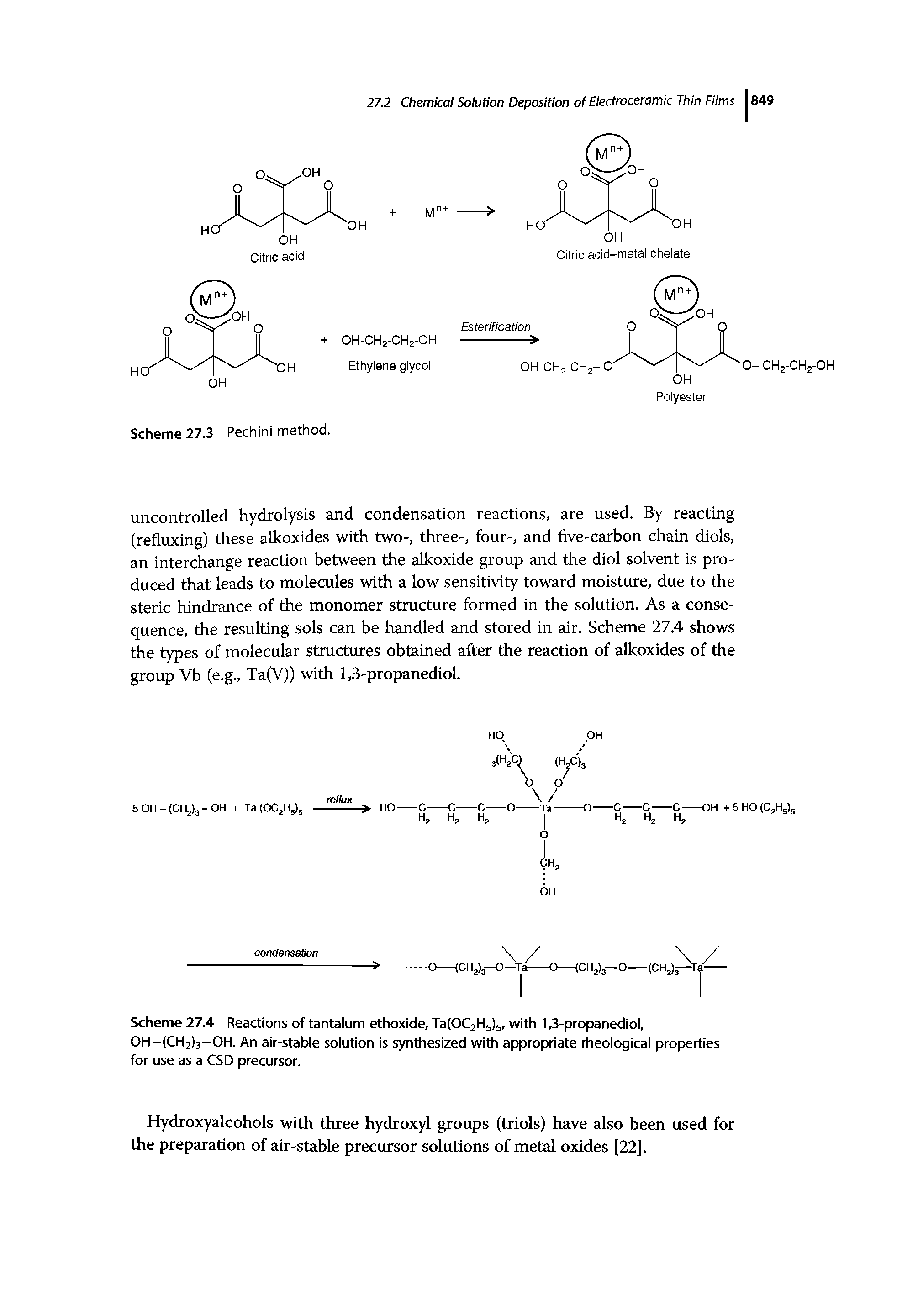 Scheme 27.4 Reactions of tantalum ethoxide, Ta(OC2H5)5, with 1,3-propanediol, 0H-(CH2)3-0H. An air-stable solution is synthesized with appropriate rheological properties for use as a CSD precursor.