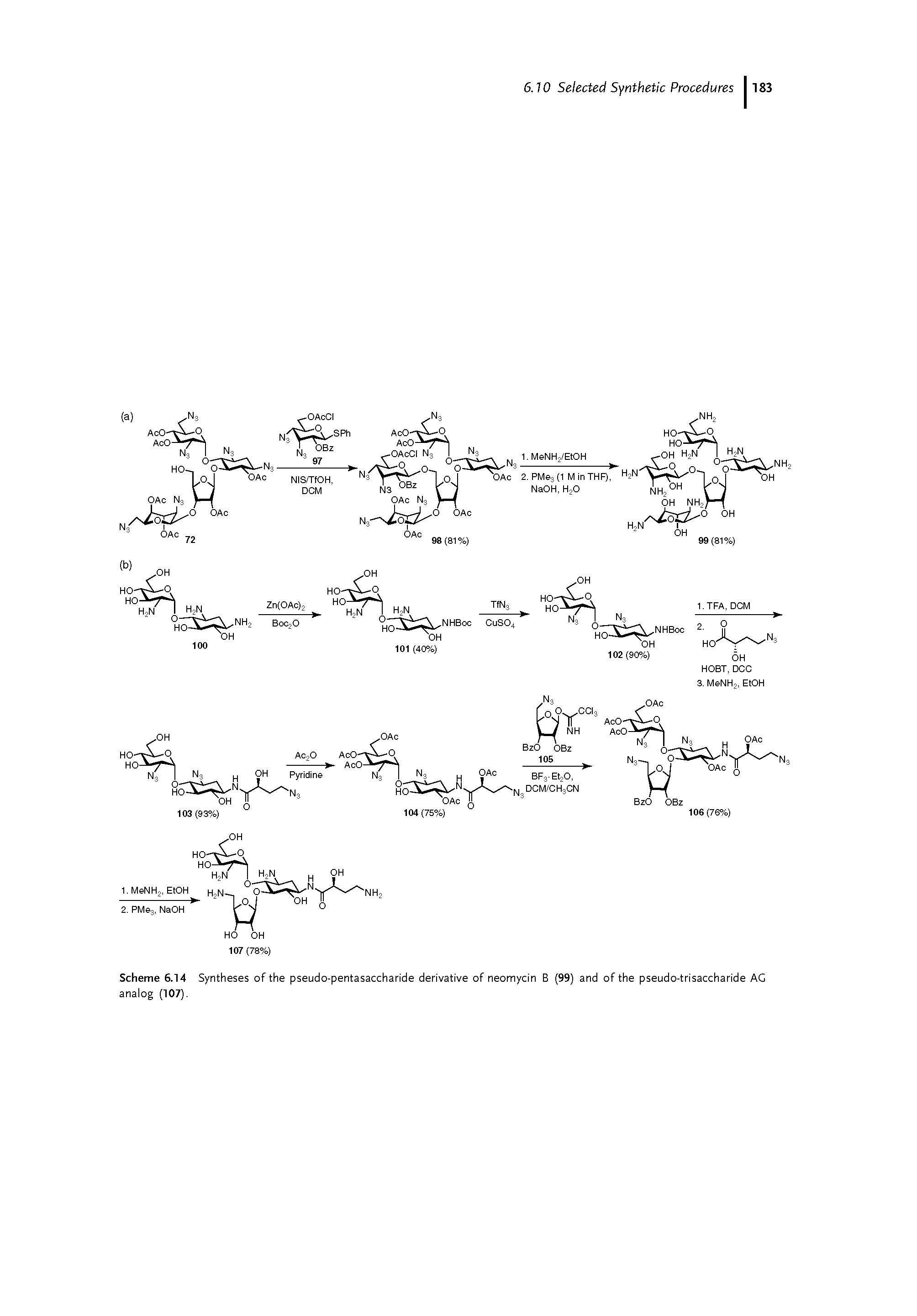 Scheme 6.14 Syntheses of the pseudo-pentasaccharide derivative of neomycin B (99) and of the pseudo-trisaccharide AG analog (107).