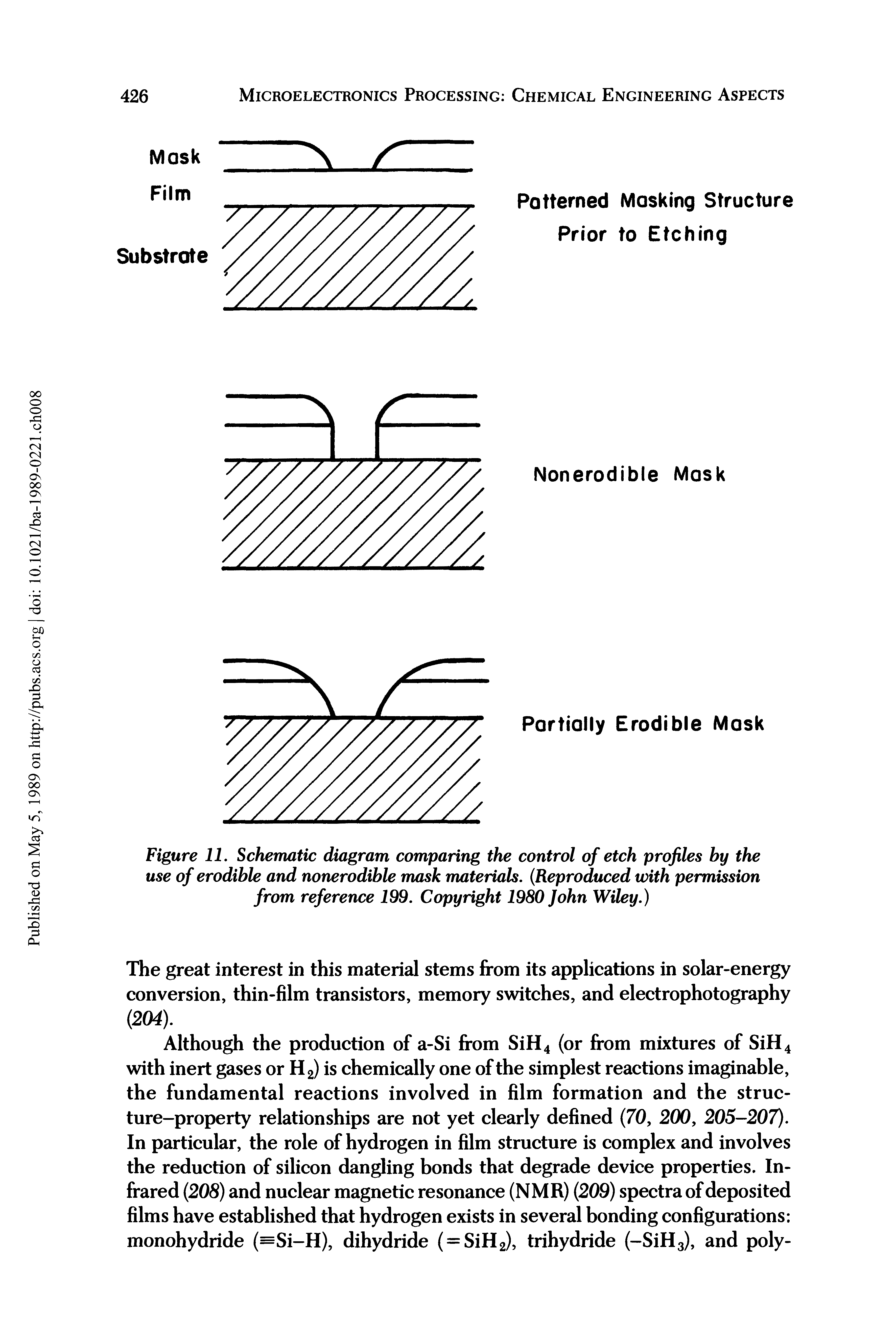 Figure 11. Schematic diagram comparing the control of etch profiles by the use of erodible and nonerodible mask materials. (Reproduced with permission from reference 199. Copyright 1980 John Wiley.)...