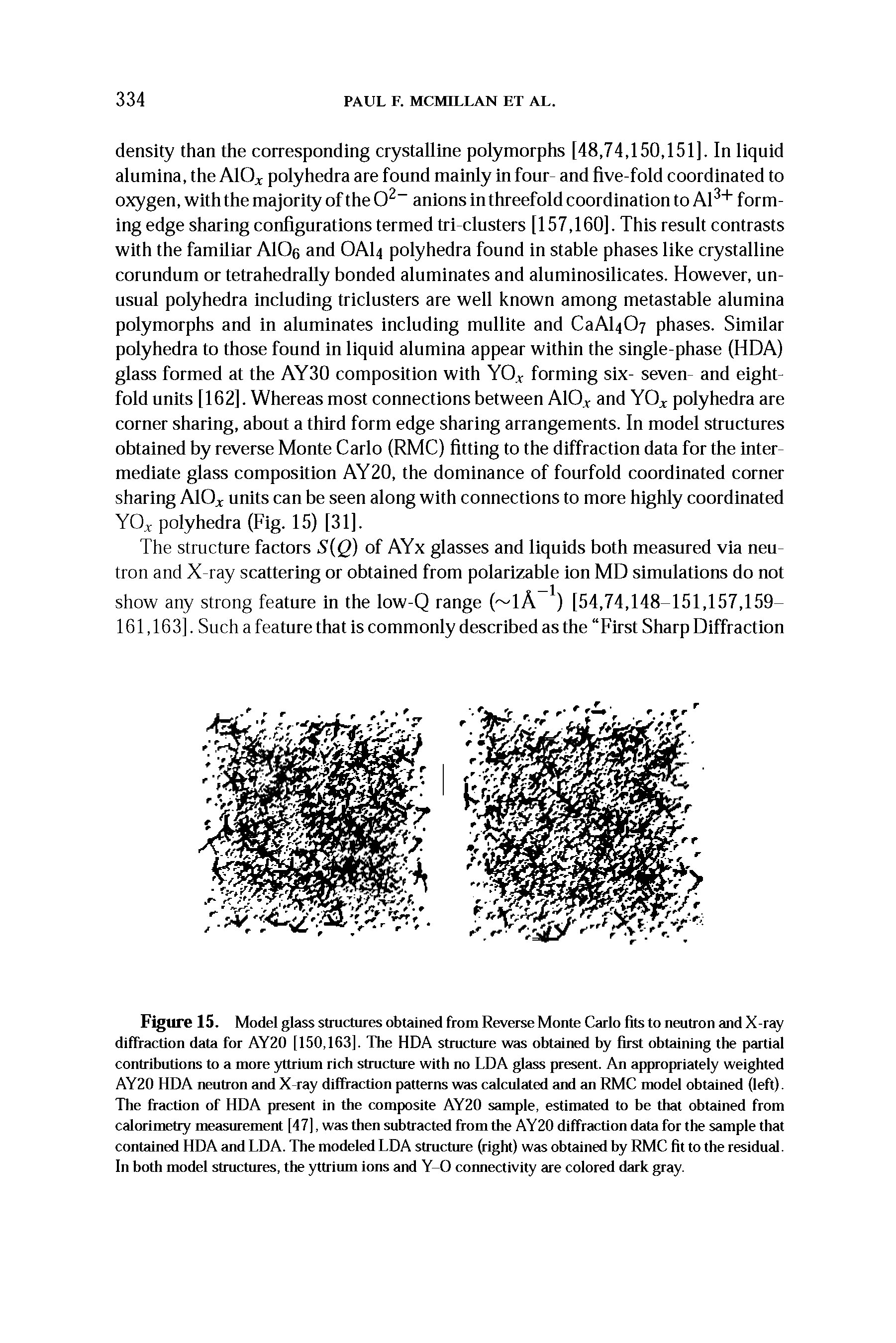 Figure 15, Model glass strudures obtained from Reverse Monte Carlo fits to neutron and X-ray diflraction data for AY20 [150,163], The HDA structure was obtained by first obtaining the partial contributions to a more yttrium rich structure with no LDA glass present. An appropriately weighted AY20 HDA neutron and X ray diffraction patterns was calculated and an RMC model obtained (left). The fraction of HDA present in the composite AY20 sample, estimated to be that obtained from calorimetry measurement [47], was then subtracted from the AY20 diffraction data for the sample that contained HDA and LDA, The modeled LDA sttucture lght) was obtained hy RMC fit to the residual. In both model structures, the yttrium ions and Y coimectivity are colored dark gray.