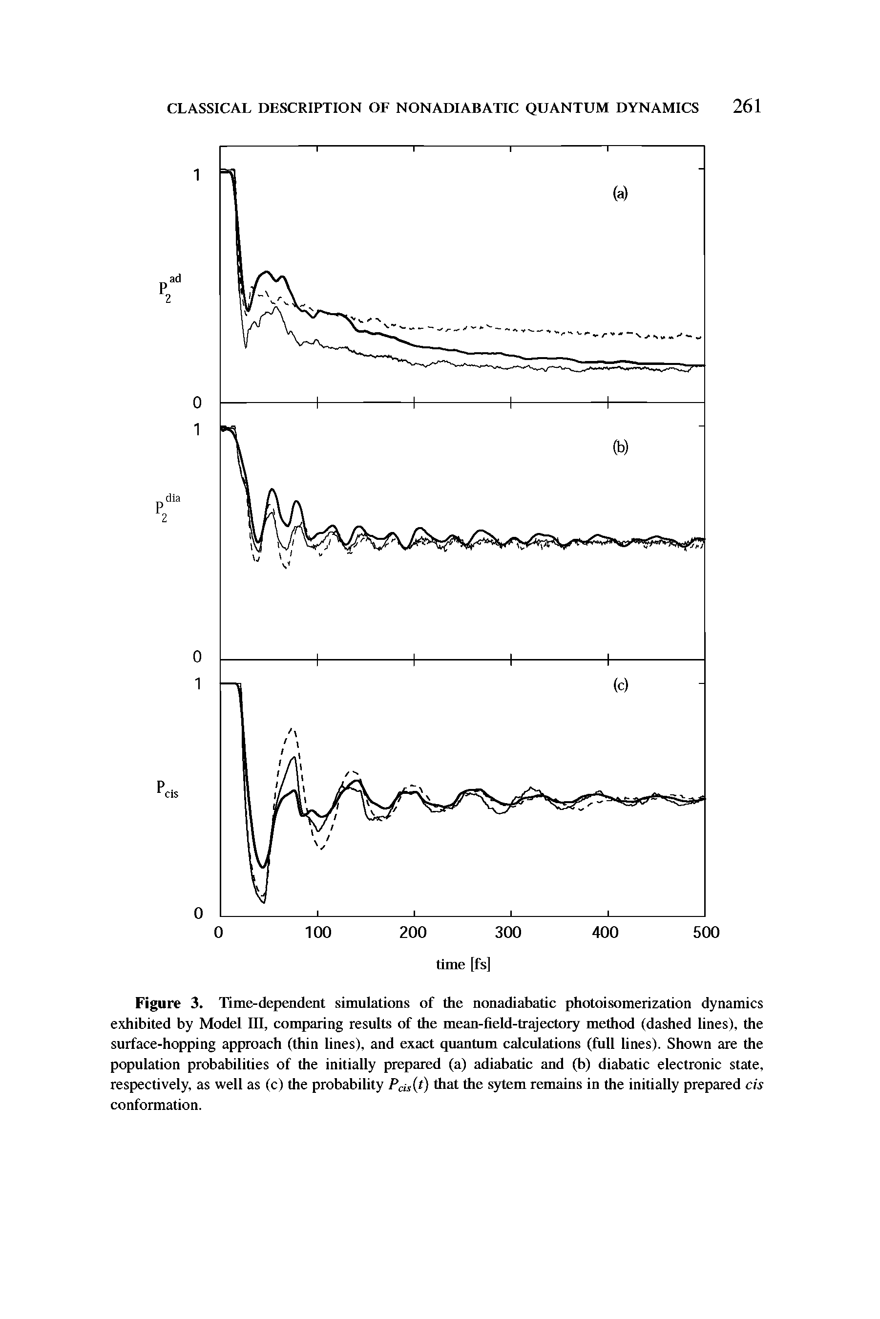 Figure 3. Time-dependent simulations of the nonadiabatic photoisomerization dynamics exhibited by Model III, comparing results of the mean-field-trajectory method (dashed lines), the surface-hopping approach (thin lines), and exact quanmm calculations (full lines). Shown are the population probabilities of the initially prepared (a) adiabatic and (b) diabatic electronic state, respectively, as well as (c) the probability Pdsit) that the sytem remains in the initially prepared cis conformation.