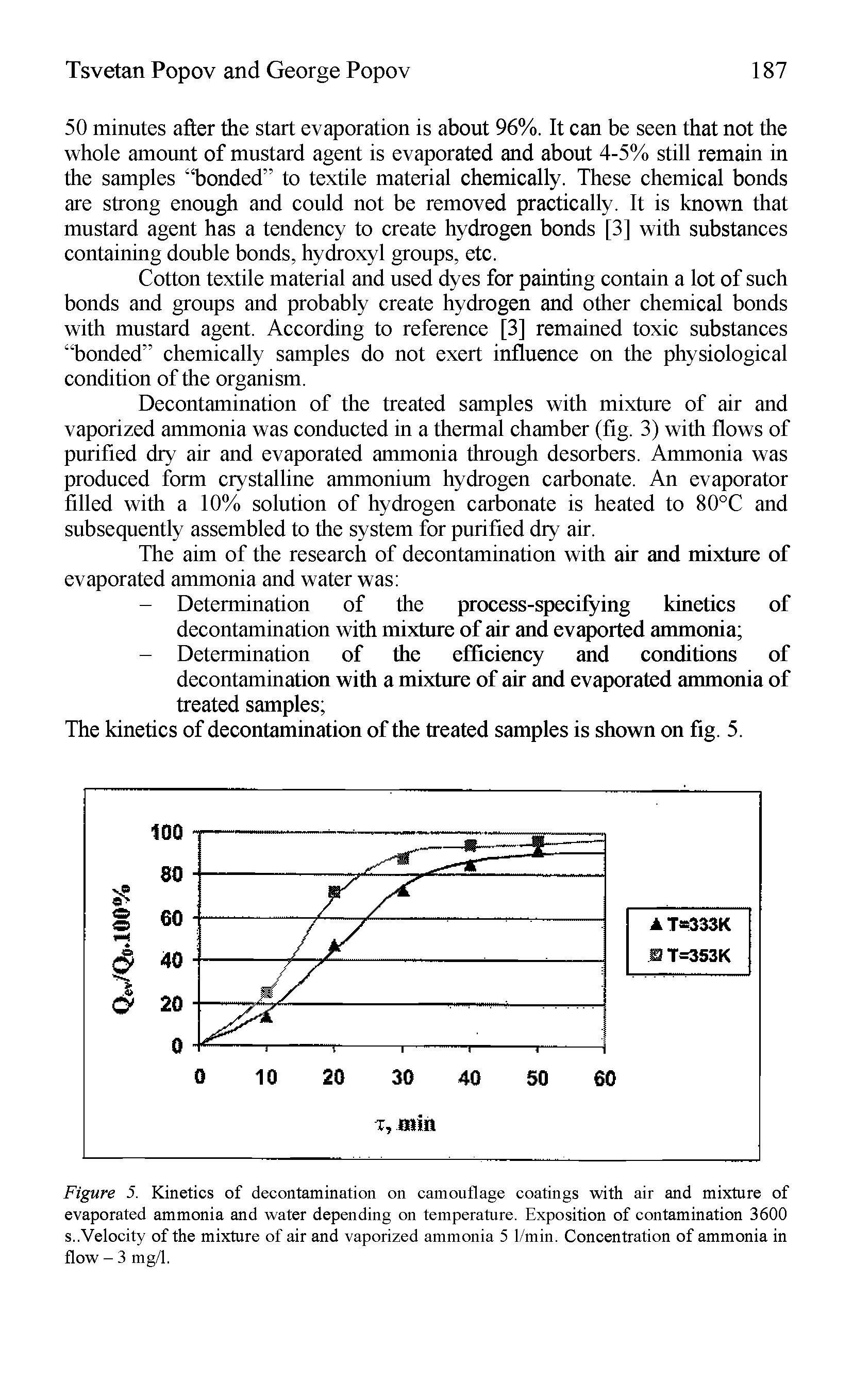 Figure 5. Kinetics of decontamination on camouflage coatings with air and mixture of evaporated ammonia and water depending on temperature. Exposition of contamination 3600 s..Velocity of the mixture of air and vaporized ammonia 5 l/min. Concentration of ammonia in flow - 3 mg/1.