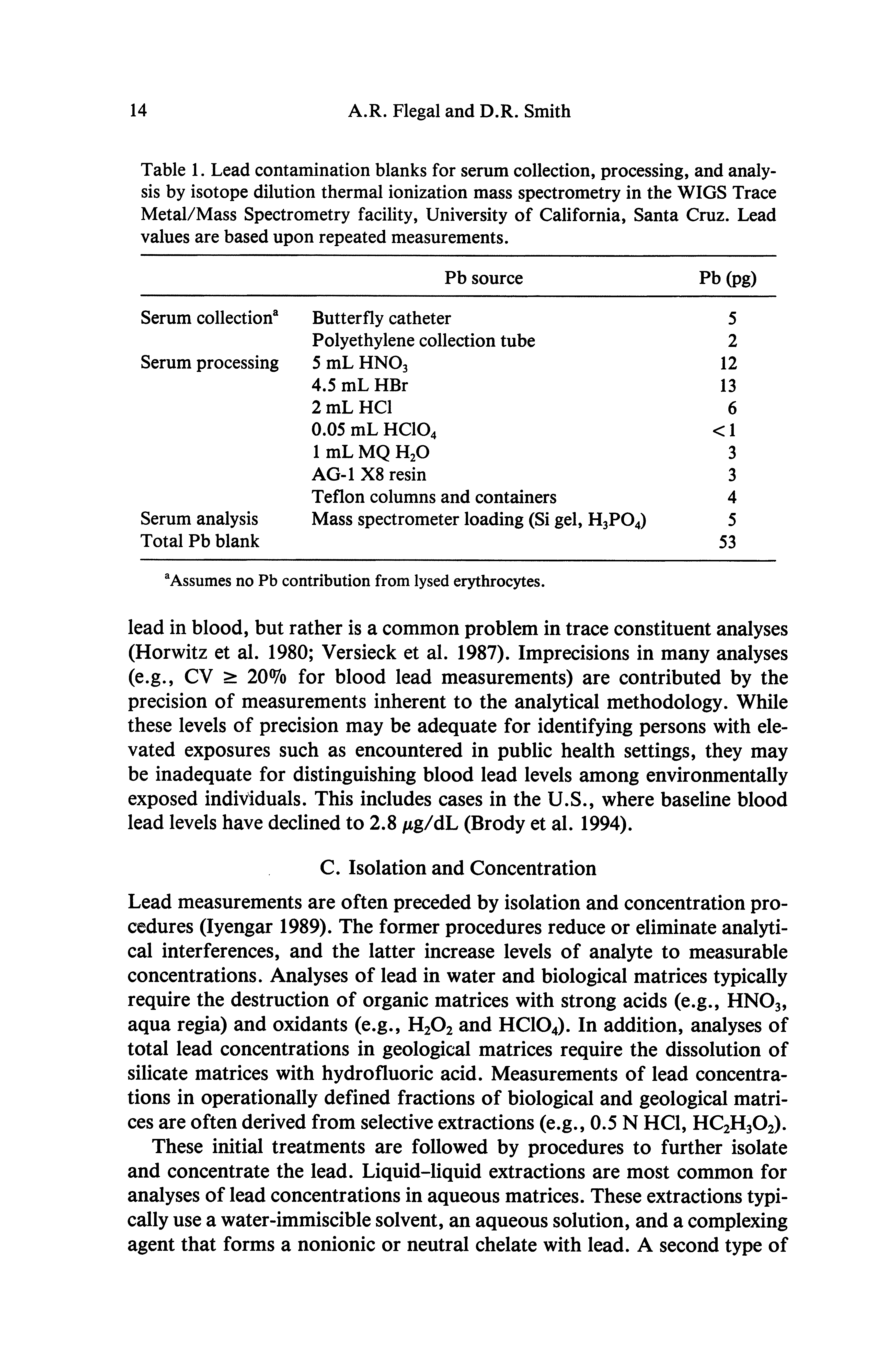 Table 1. Lead contamination blanks for serum collection, processing, and analysis by isotope dilution thermal ionization mass spectrometry in the WIGS Trace Metal/Mass Spectrometry facihty. University of California, Santa Cruz. Lead values are based upon repeated measurements.