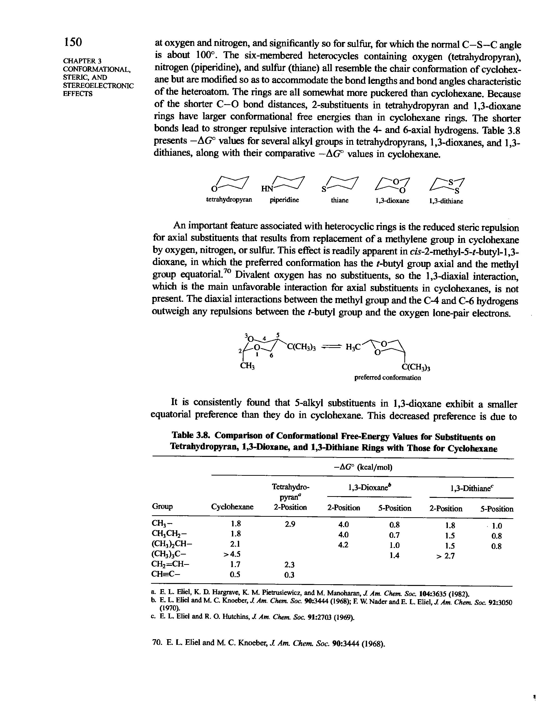 Table 3.8. Comparison of Conformational Free-Energy Values for Substituents on Tetrahydropyran, 1,3-Dioxane, and 1,3-Dithiane Rings with Those for Cyclohexane...