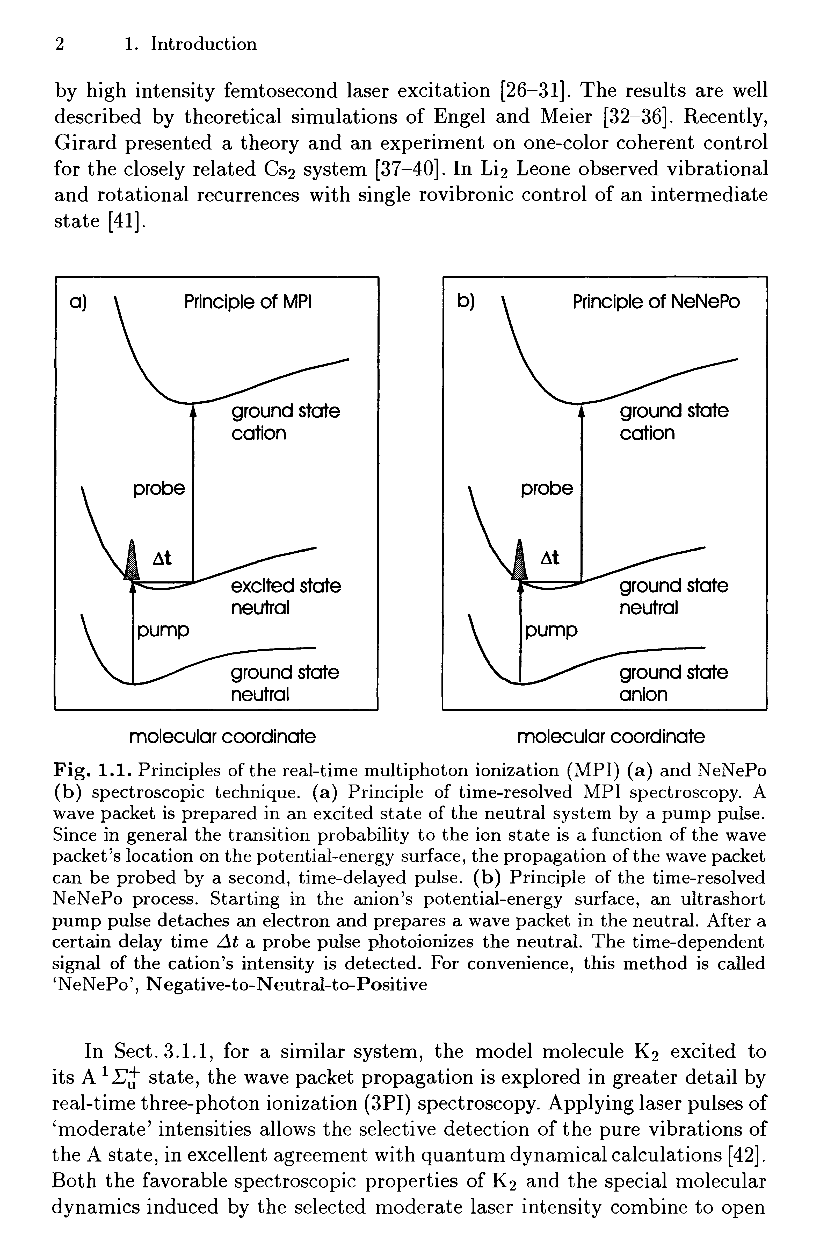 Fig. 1.1. Principles of the real-time multiphoton ionization (MPI) (a) and NeNePo (b) spectroscopic technique, (a) Principle of time-resolved MPI spectroscopy. A wave packet is prepared in an excited state of the neutral system by a pump pulse. Since in general the transition probability to the ion state is a function of the wave packet s location on the potential-energy surface, the propagation of the wave packet can be probed by a second, time-delayed pulse, (b) Principle of the time-resolved NeNePo process. Starting in the anion s potential-energy surface, an ultrashort pump pulse detaches an electron cuid prepares a wave packet in the neutrcd. After a certain delay time At a probe pulse photoionizes the neutral. The time-dependent signal of the cation s intensity is detected. For convenience, this method is called NeNePo , Negative-to-Neutrcd-to-Positive...