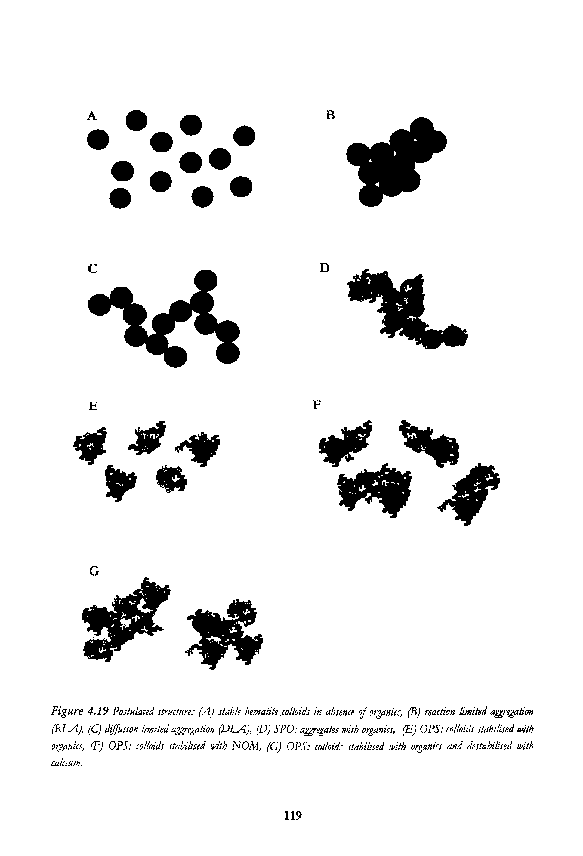 Figure 4.19 Postulated structures (A) stable hematite colloids in absence of organics, (B) reaction limited aggregation (RLAJ, (C) diffusion limited aggregation (DLAJ, (D) SPO aggregates with organics, (E) OPS colloids stabilised with organics, (F) OPS colloids stabilised with NOM, (G) OPS colloids stabilised with organics and destabilised with calcium.