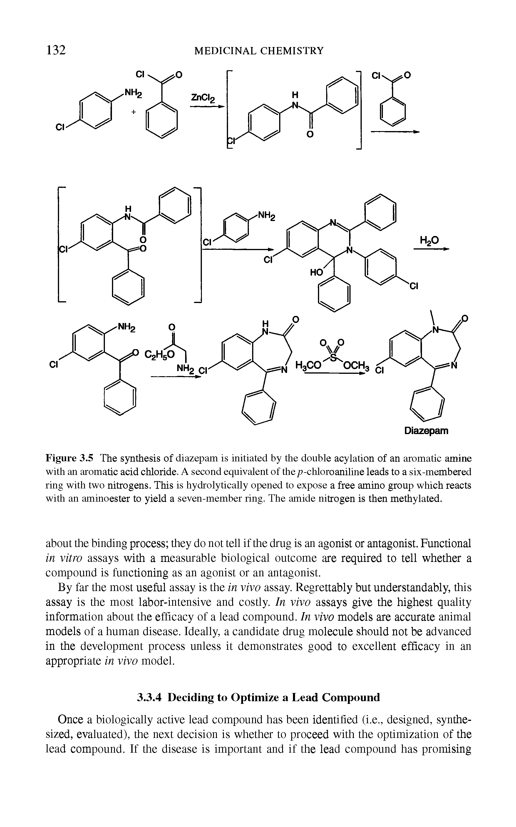 Figure 3.5 The synthesis of diazepam is initiated by the double acylation of an aromatic amine with an aromatic acid chloride. A second equivalent of the p-chloroaniline leads to a six-membered ring with two nitrogens. This is hydrolytically opened to expose a free amino group which reacts with an aminoester to yield a seven-member ring. The amide nitrogen is then methylated.