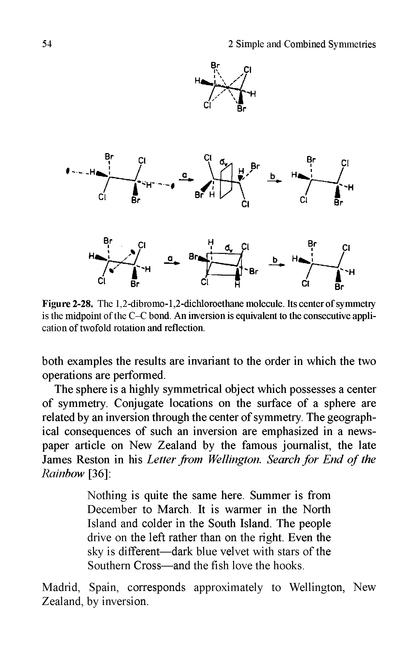 Figure 2-28. The l,2-dibromo-l,2-dichloroethane molecule. Its center of symmetry is the midpoint of the C-C bond. An inversion is equivalent to the consecutive application of twofold rotation and reflection.